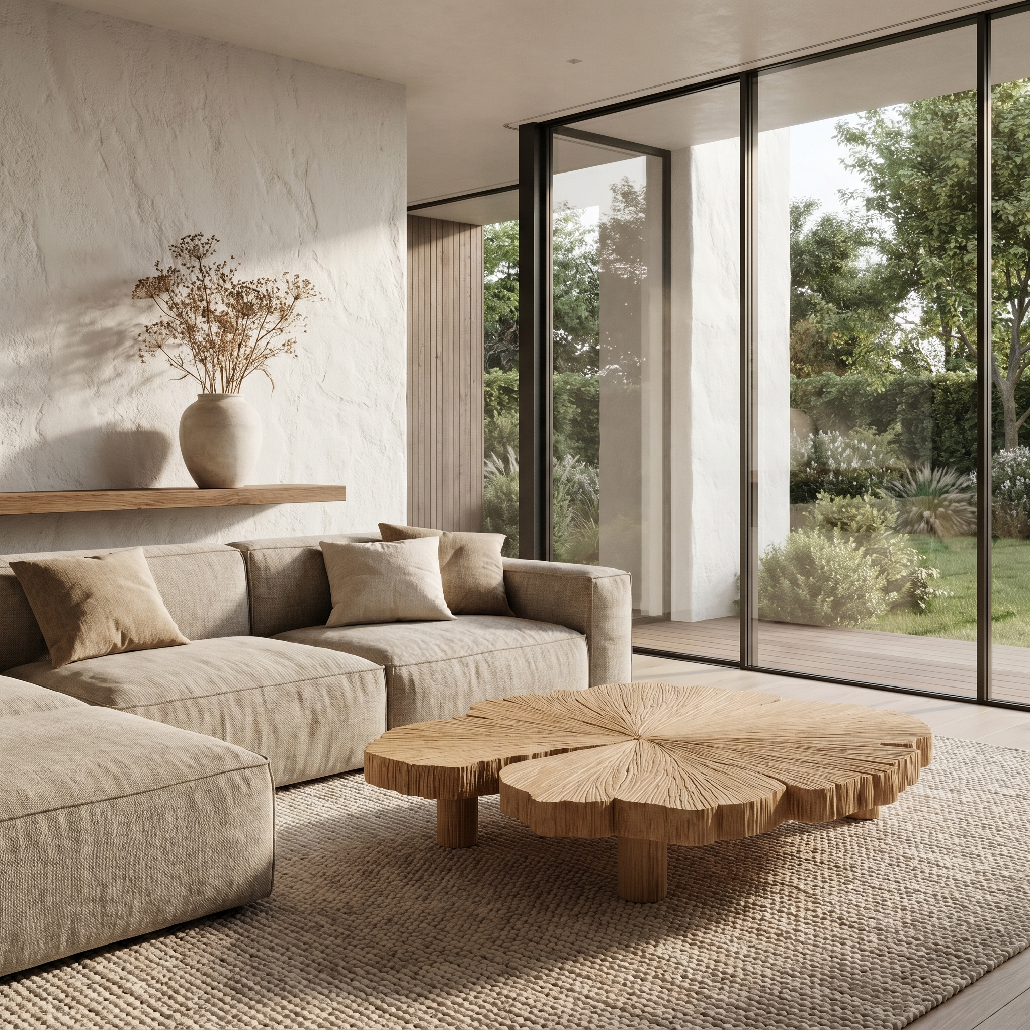 Rustic Coffee Table With Hand Carved Organic Wood Top And Chunky Pedestal Legs For Living Room SINLHACF385