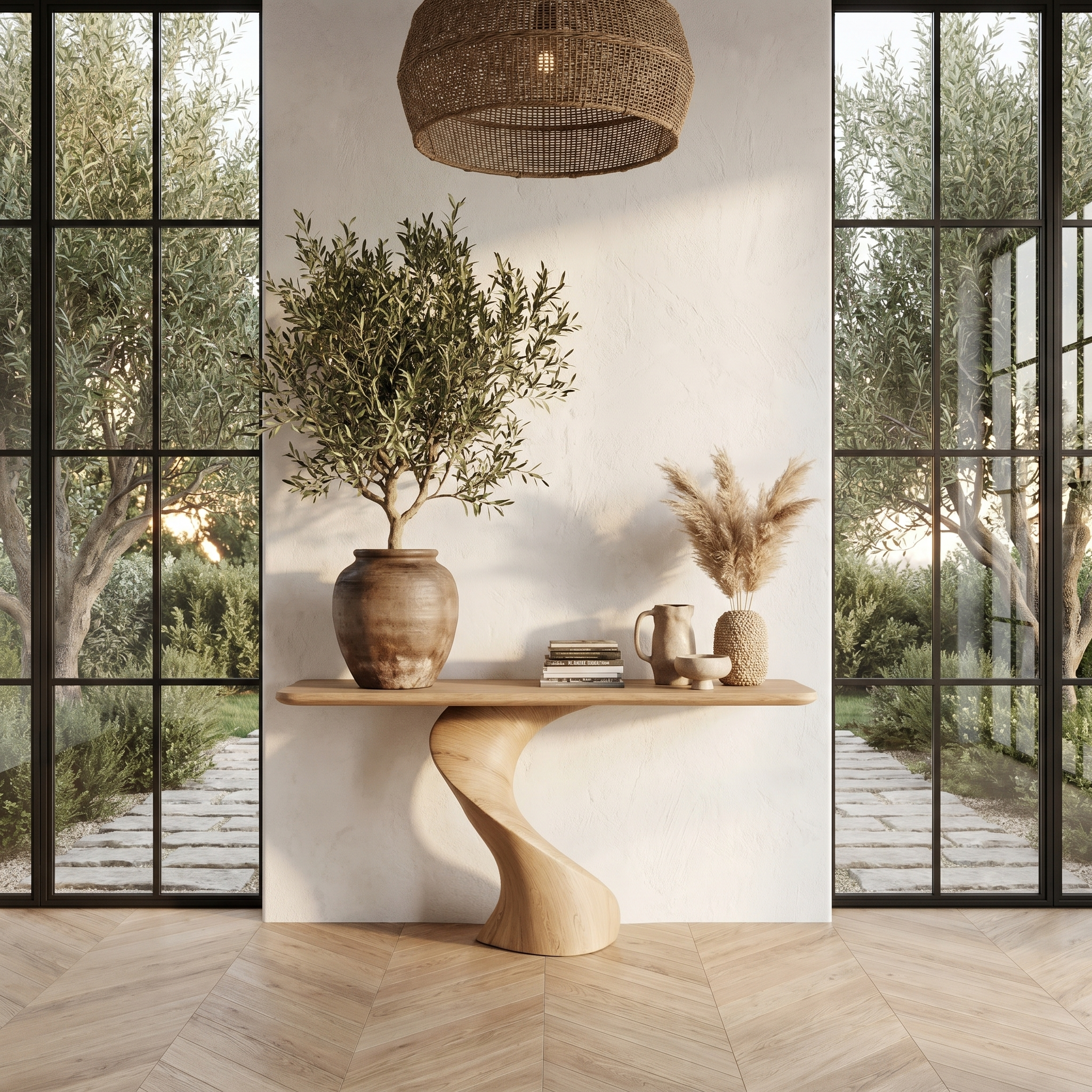 Modern Organic Console Table With Sculptural Twisted Solid Wood Base For Entryway And Living Room SINLHACS605