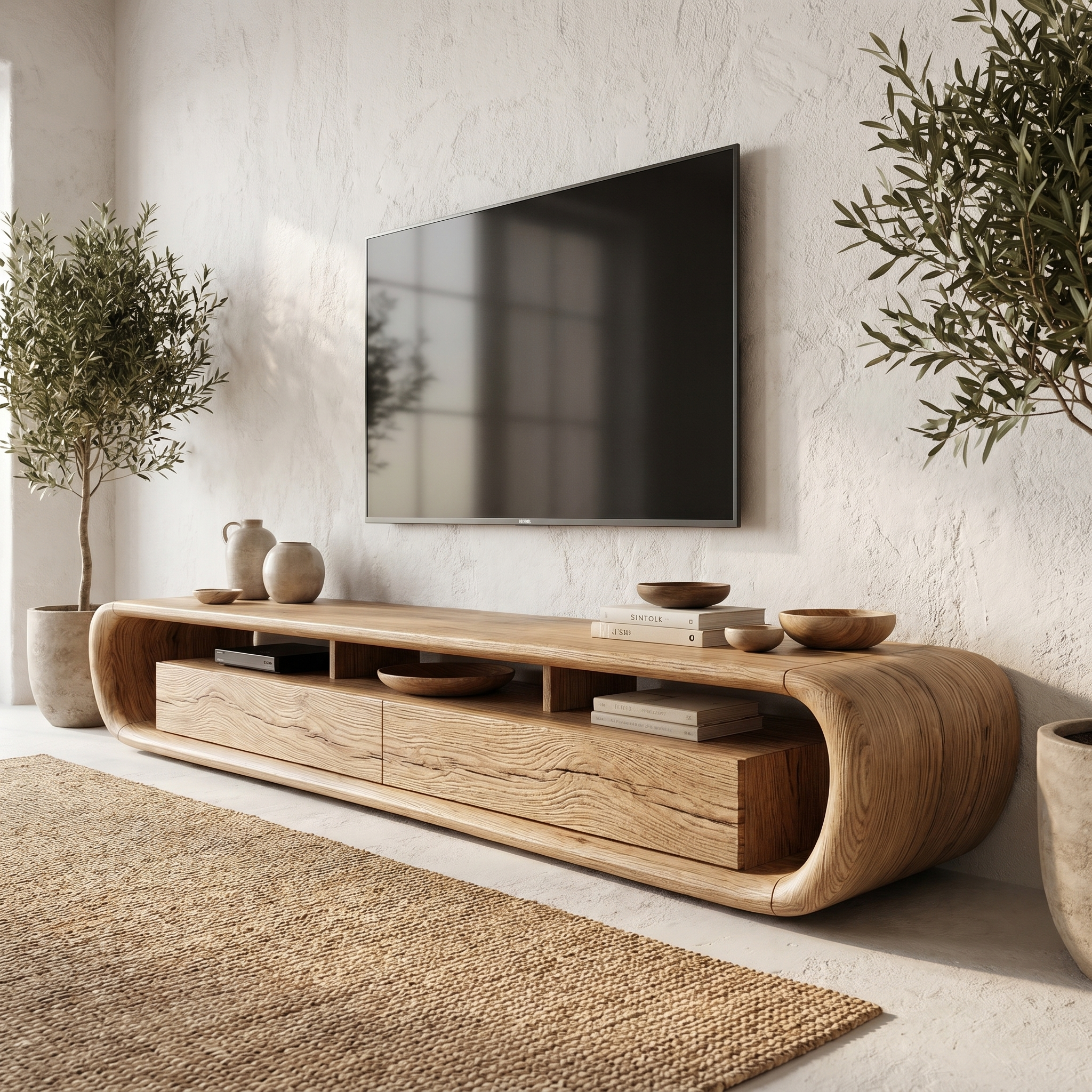 Organic TV Cabinet With Built In Storage And Rounded Curved Edges For Living Room SINLHATC037