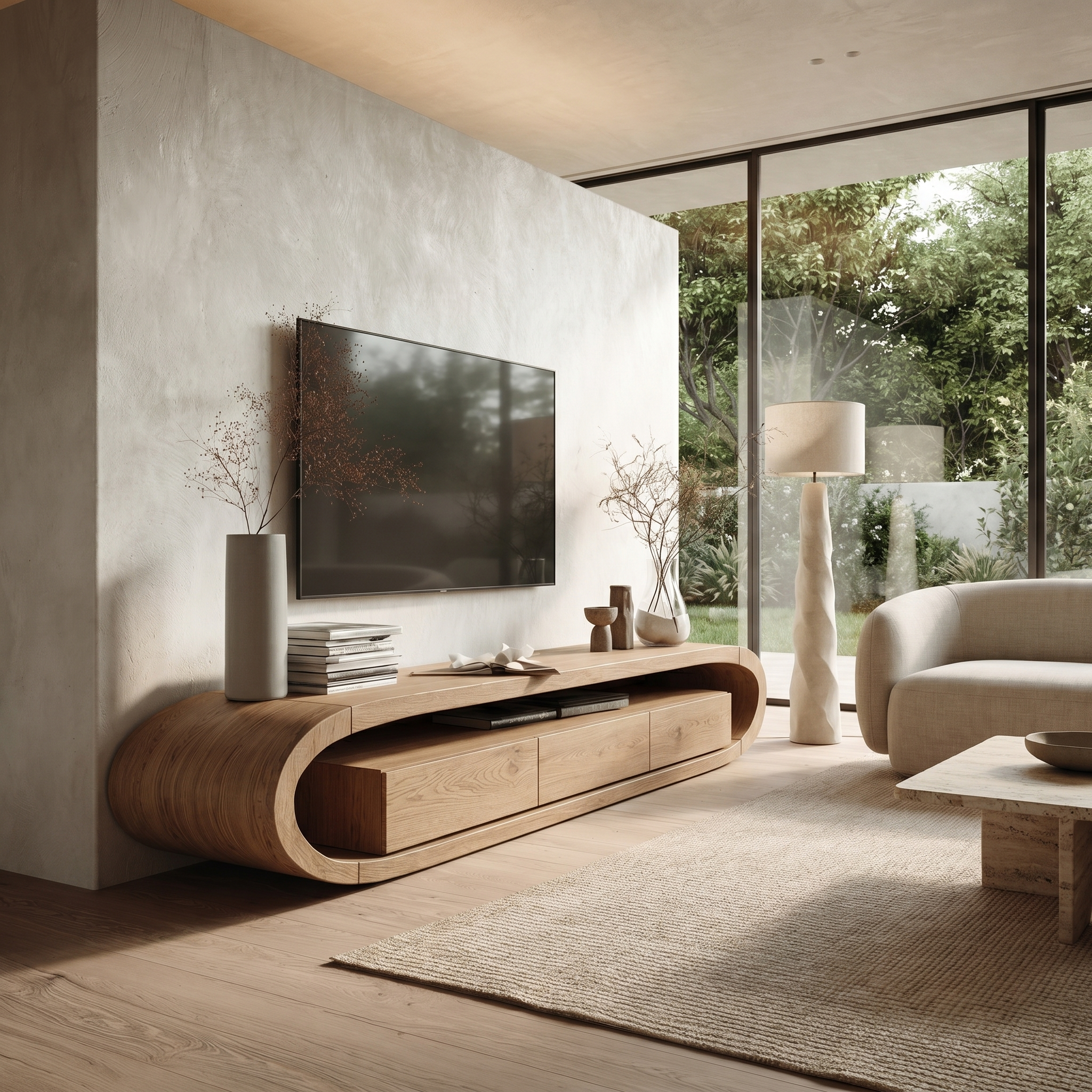 Organic TV Cabinet With Curved Solid Wood Design And Built In Drawer Storage For Living Room SINLHATC047