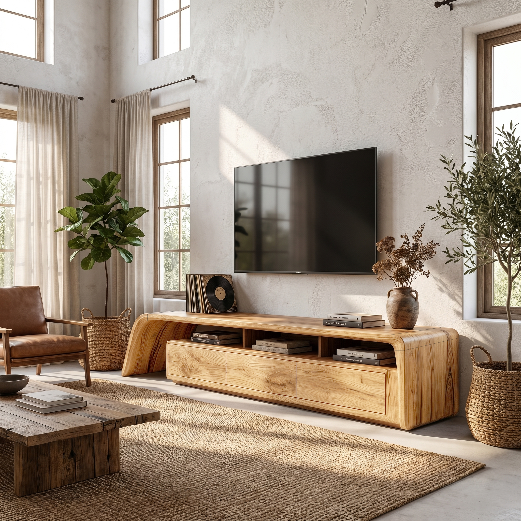 Modern TV Cabinet With Built In Storage And Rounded Curved Edges For Living Room SINLHATC040