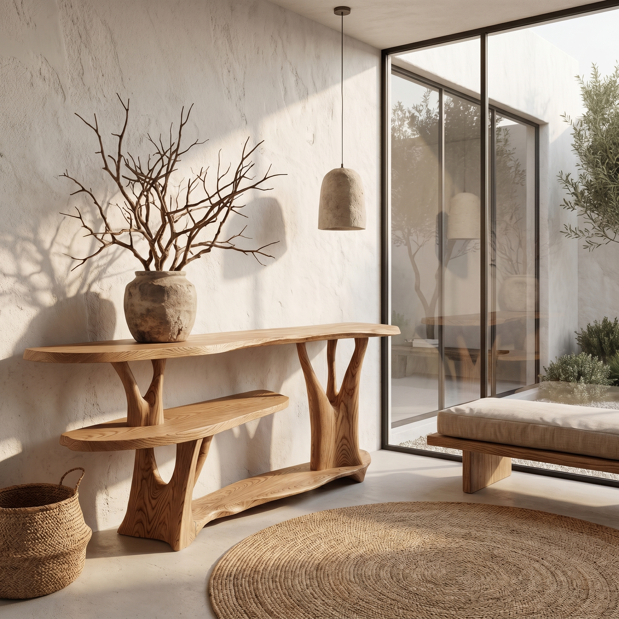 Organic Console Table With Sculptural Tree Root Base And Open Shelf Storage For Entryway And Living Room SINLHACS607