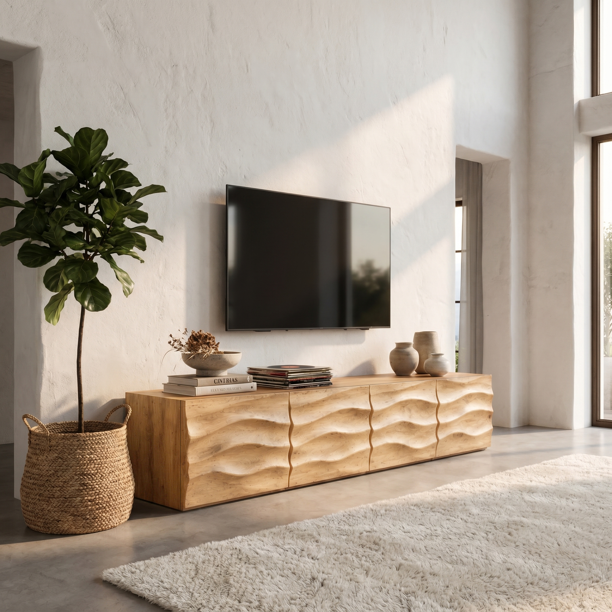 Organic TV Cabinet With Wave Front Doors And Built In Storage For Living Room SINLHATC041