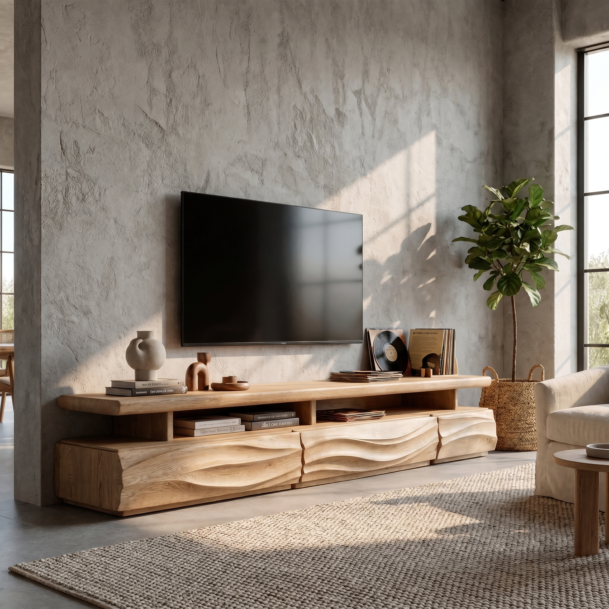 Rustic TV Cabinet With Open Storage Shelf And Wave Front Drawers For Living Room SINLHATC042