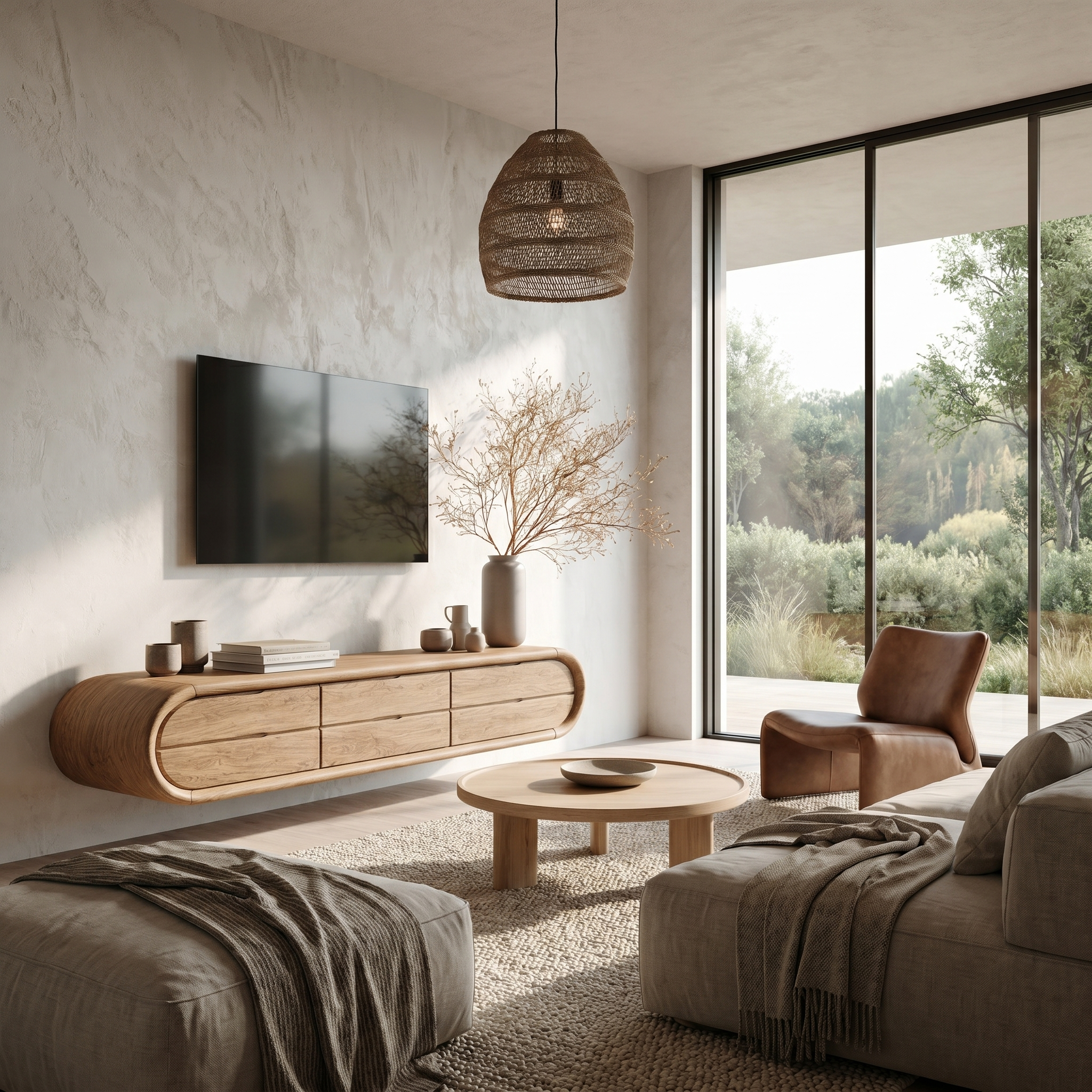 Organic Floating TV Cabinet With Sculptural Curved Wood Frame For Living Room SINLHATC052