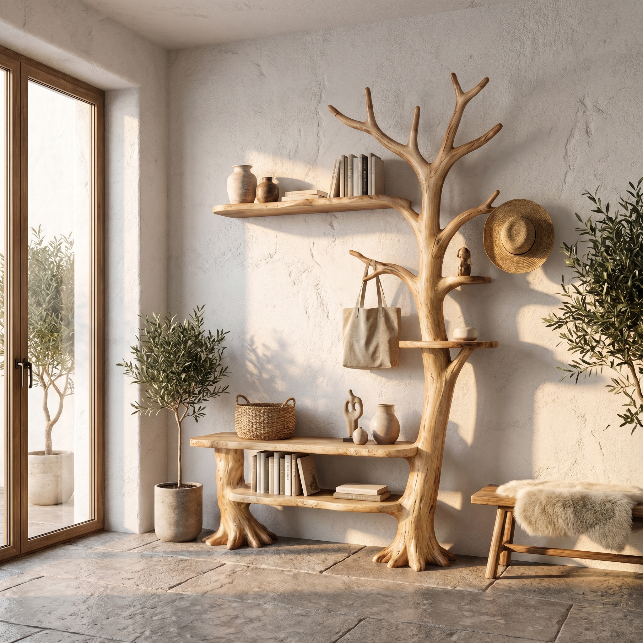 Rustic Tree Coat Rack With Integrated Bench And Floating Display Shelves For Entryway SINLHATCR118