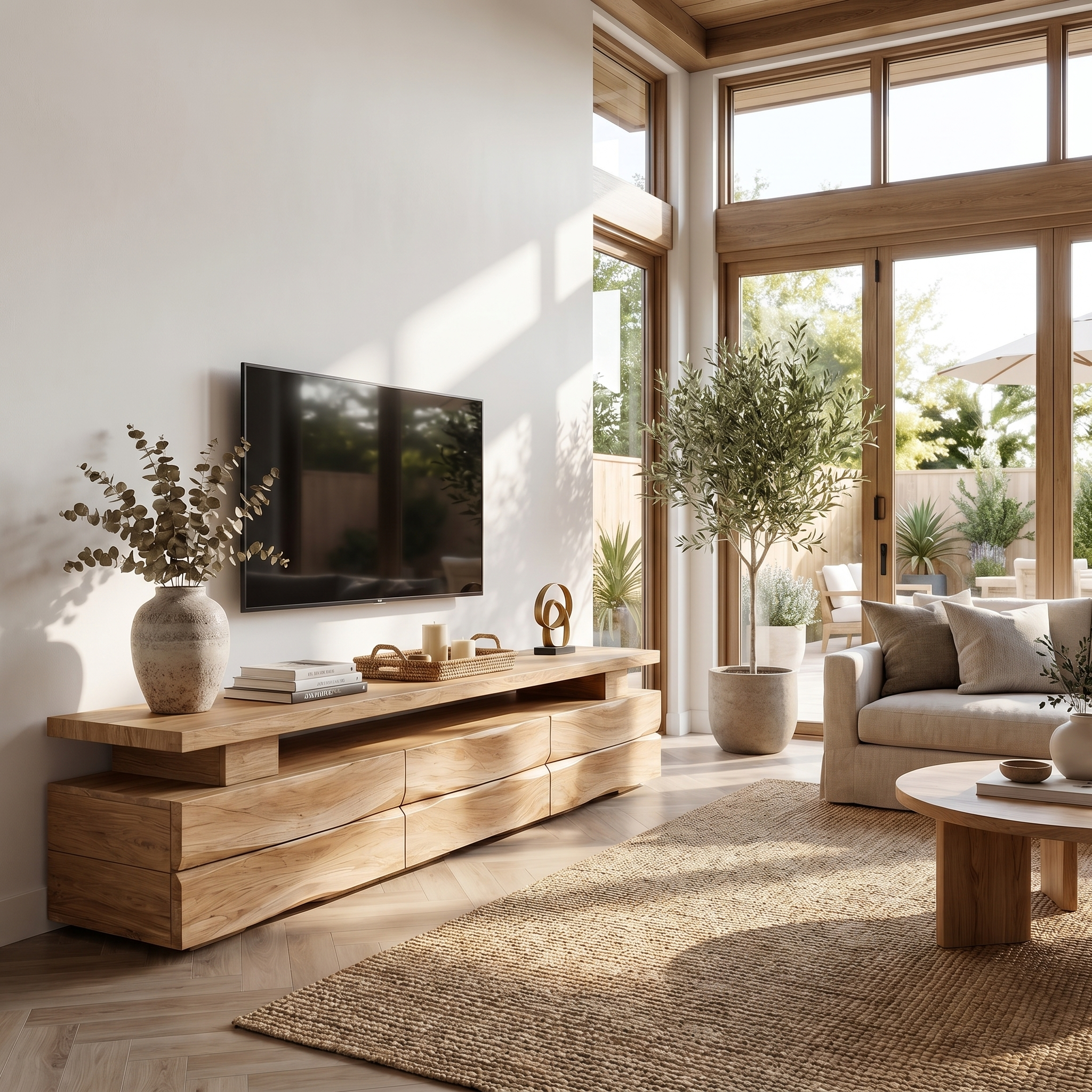 Rustic TV Cabinet With Wave Front Drawers And Open Storage Shelf For Living Room SINLHATC043