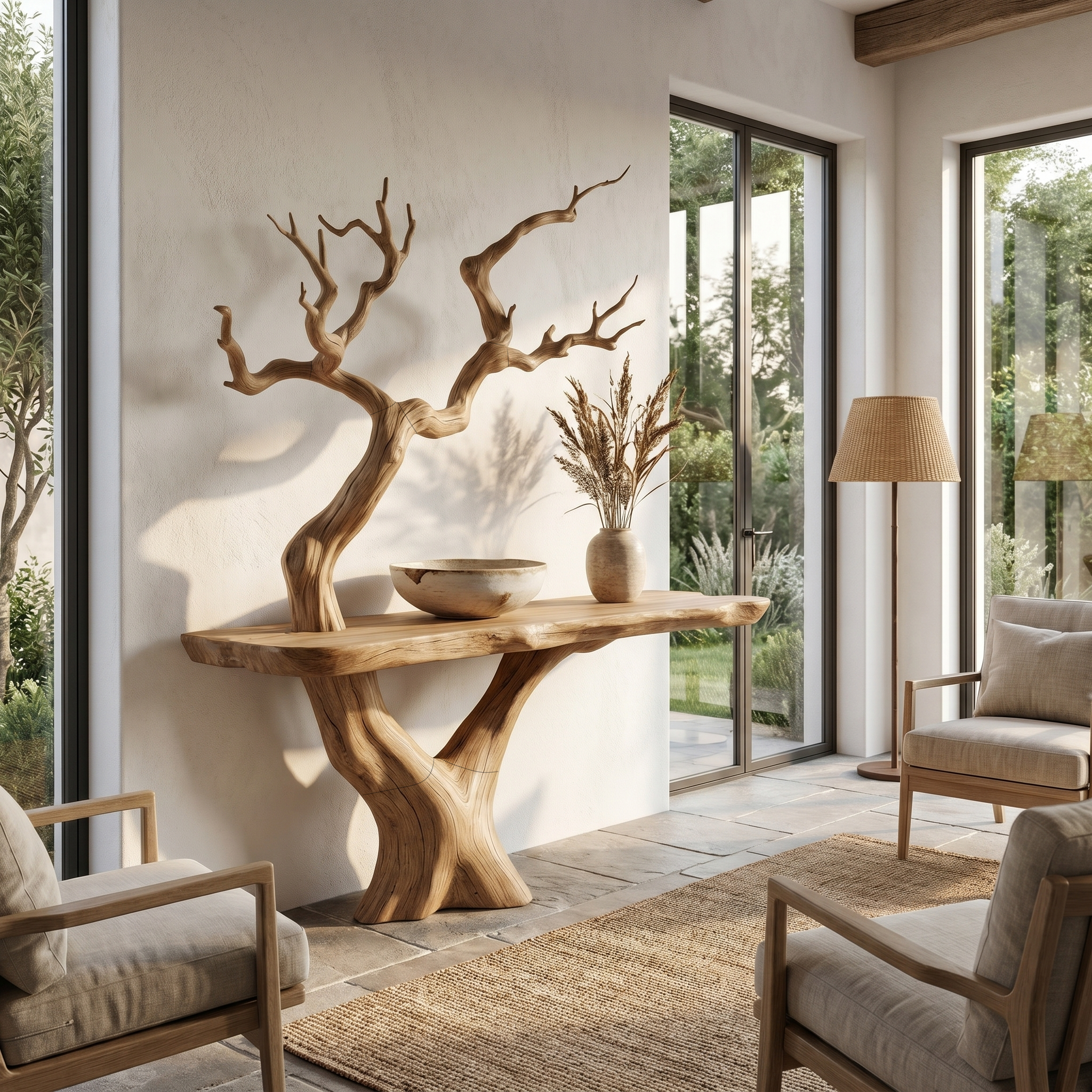 Rustic Console Table With Sculptural Tree Branch Base And Live Edge Wood Top For Entryway And Living Room SINLHACS613