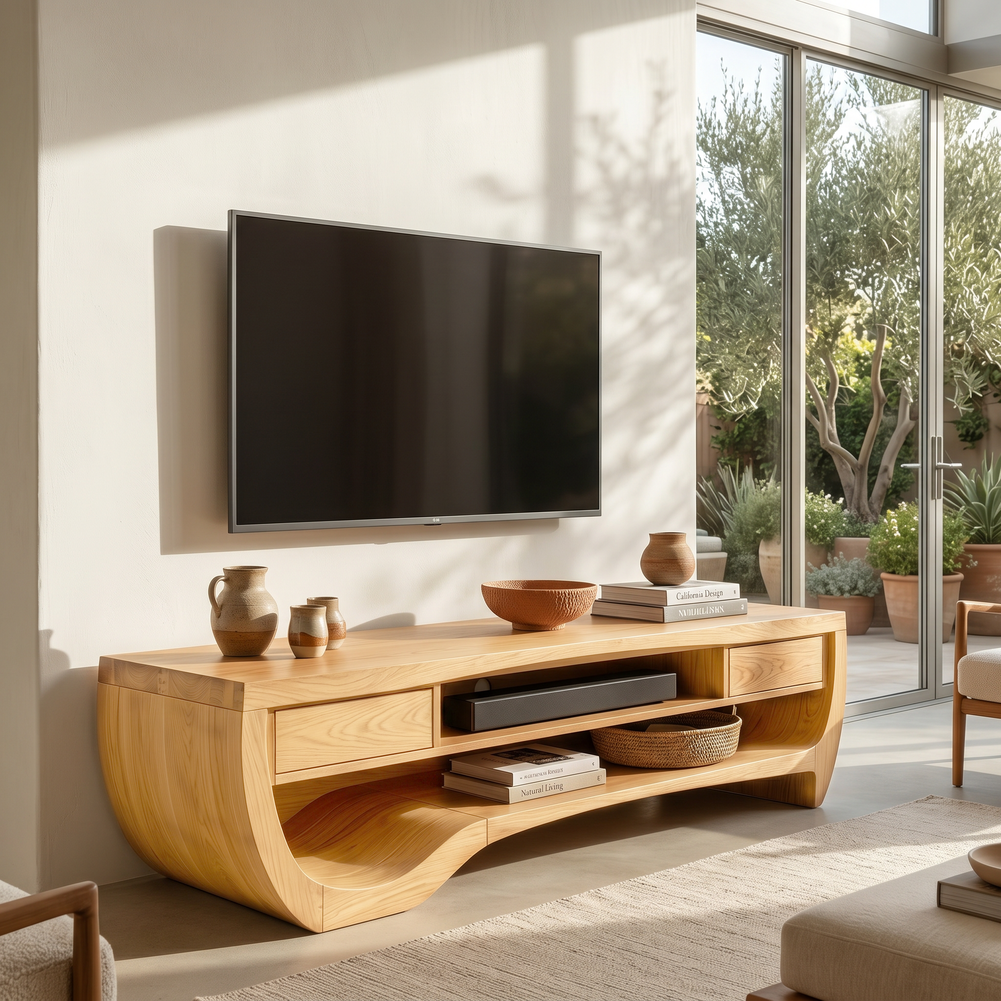 Organic TV Cabinet With Open Storage And Sculptural Curved Wood Design For Living Room SINLHATC045
