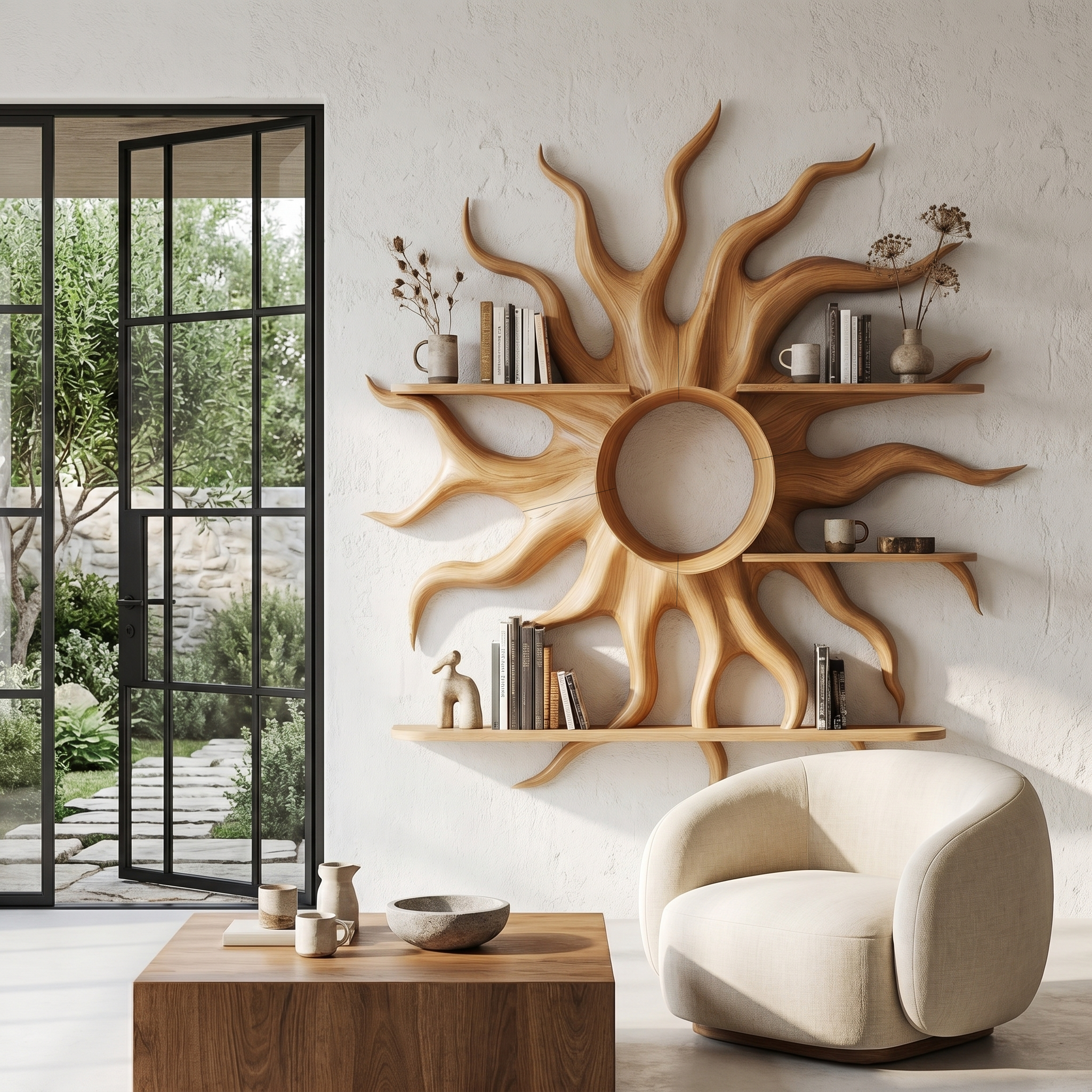 Sculptural Sun Wall Shelf With Floating Shelf For Home Decor SINLHAFL547