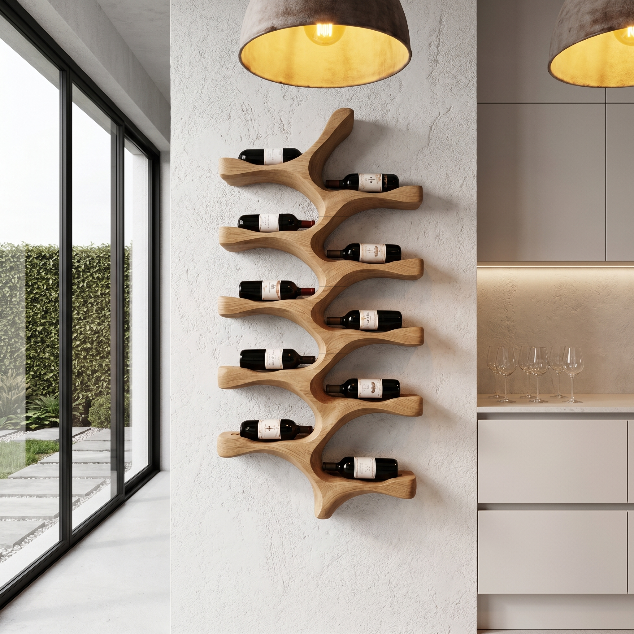 Organic Wall Mounted Wine Rack With Tree Branch Bottle Holders For Kitchen SINLHAWR028