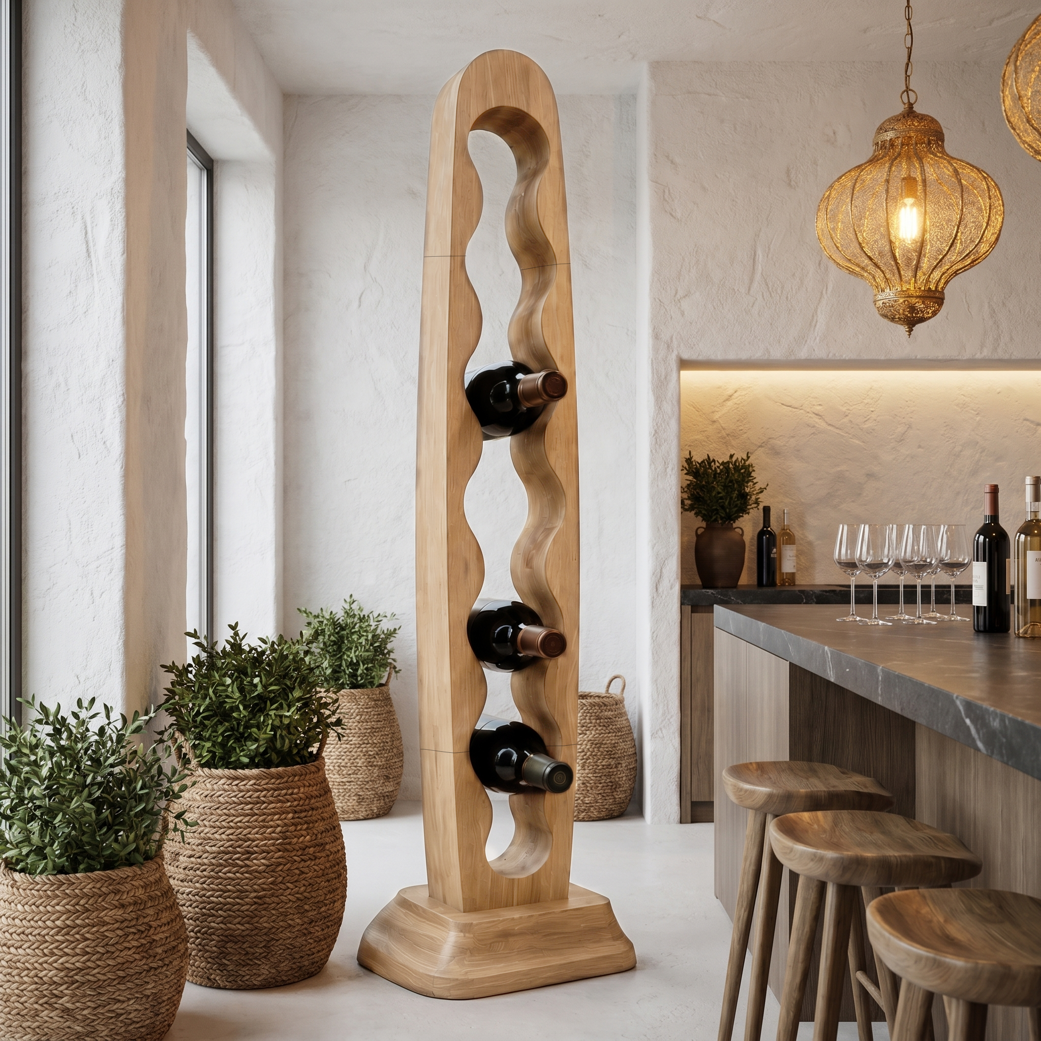 Modern Freestanding Wine Rack With Sculptural Vertical Bottle Storage For Kitchen SINLHAWR029