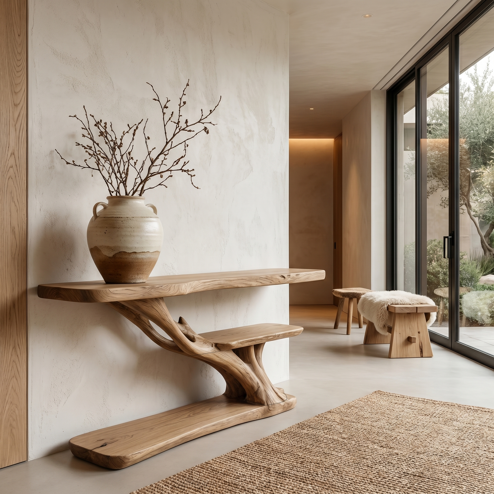 Organic Sculptural Console Table With Handcrafted Wood Base For Hallway SINLHACS618
