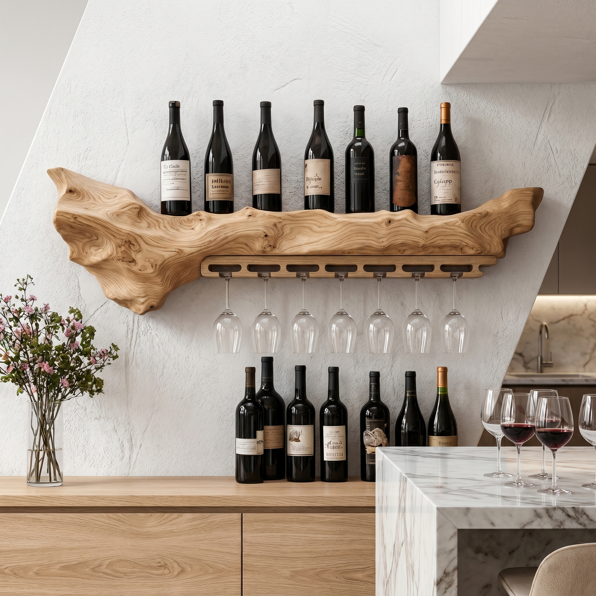 Rustic Live Edge Wall Mounted Wine Rack With Glass Holder And Bottle Storage For Kitchen And Dining Room SINLHAWR030
