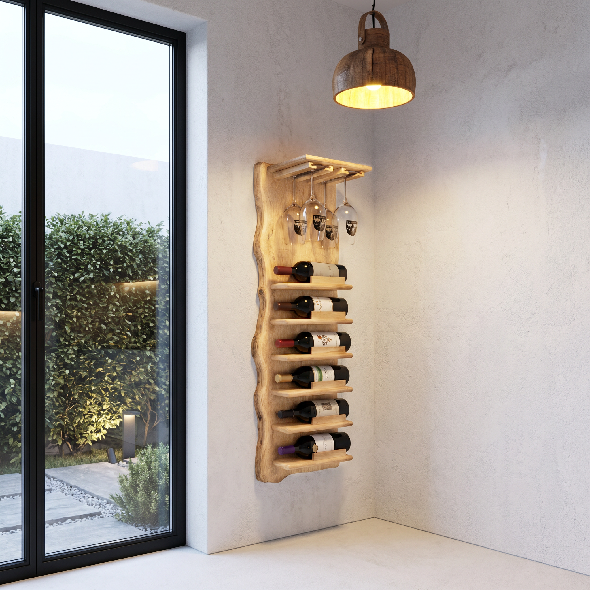 Live Edge Wall Mounted Wine Rack With Glass Holder And Vertical Bottle Storage For Kitchen And Dining Room SINLHAWR032
