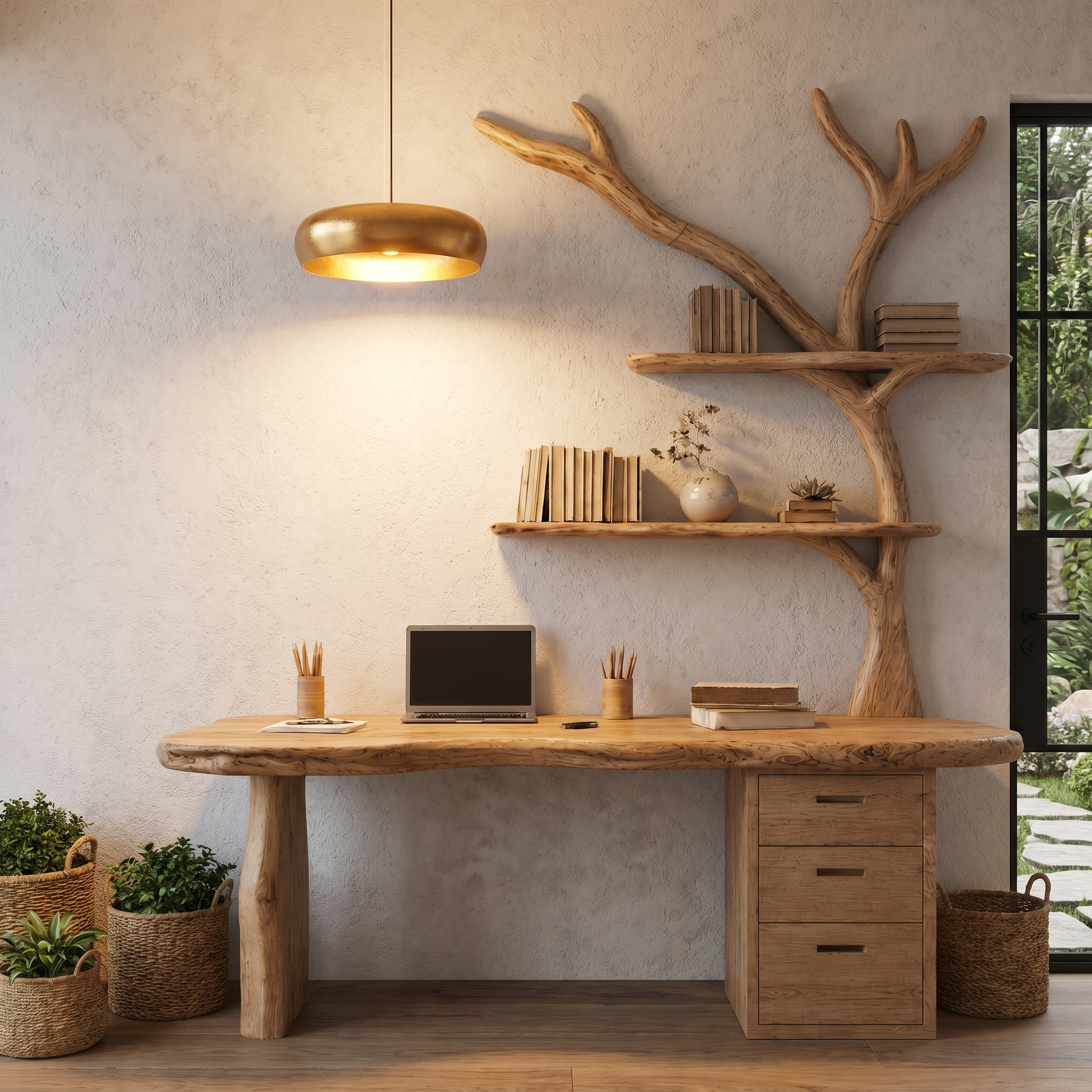 Organic Wooden Desk With Tree Branch Bookshelf And Built In Drawer Storage For Home Office And Workspace SINLHADK115