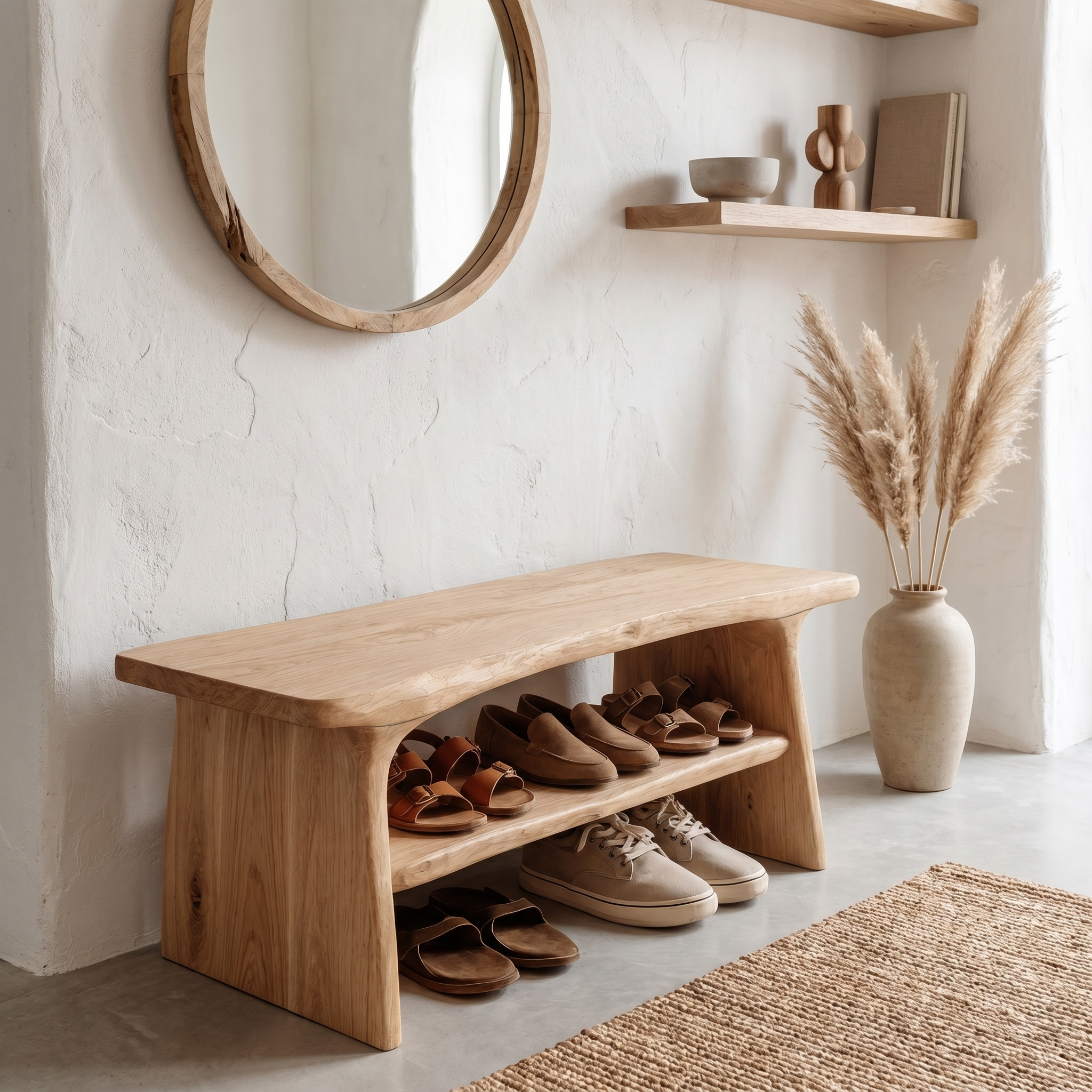 Rustic Shoe Bench With Natural Wood Storage For Entryway SINLHASB089