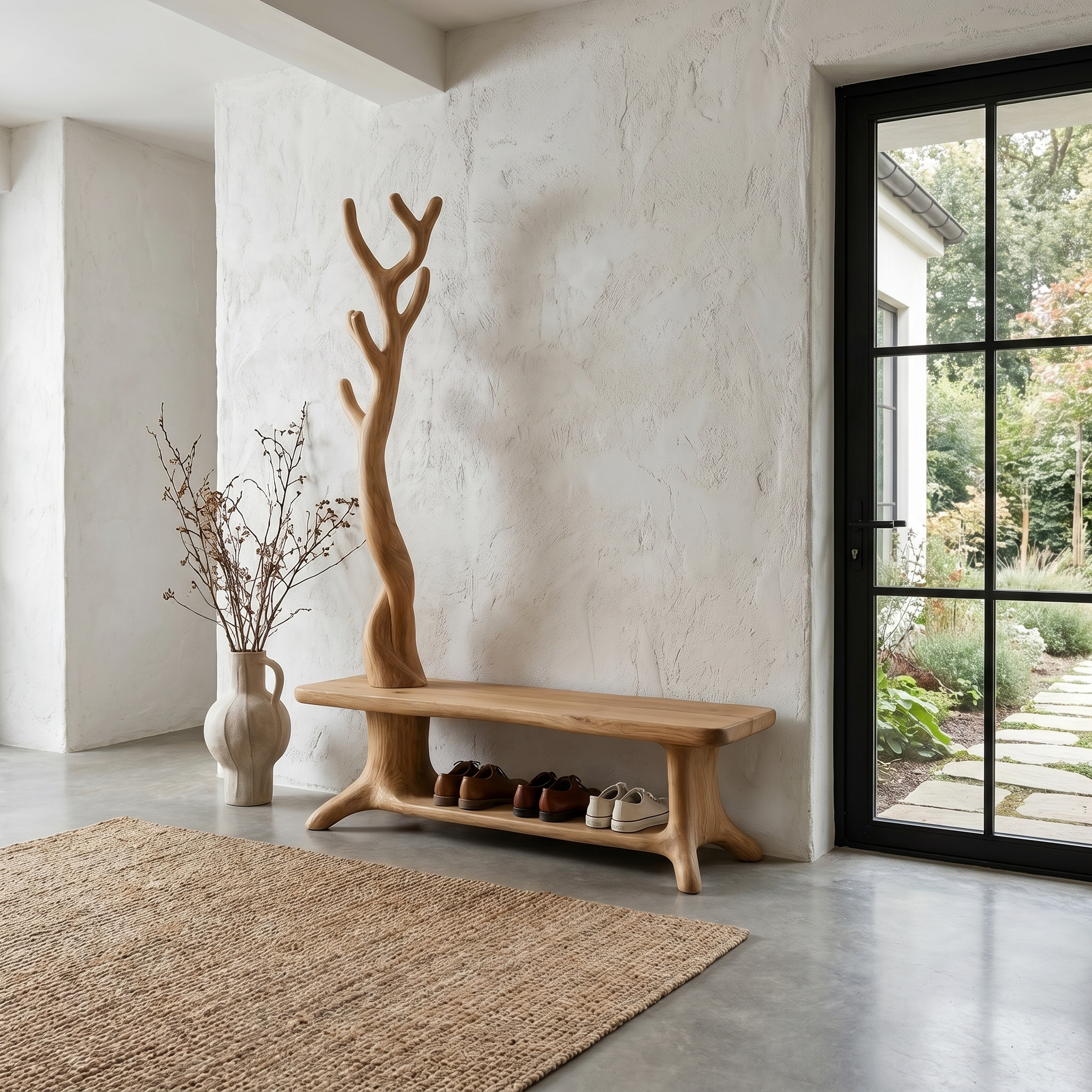 Rustic Shoe Storage Bench With Branch Coat Rack For Entryway SINLHASB091