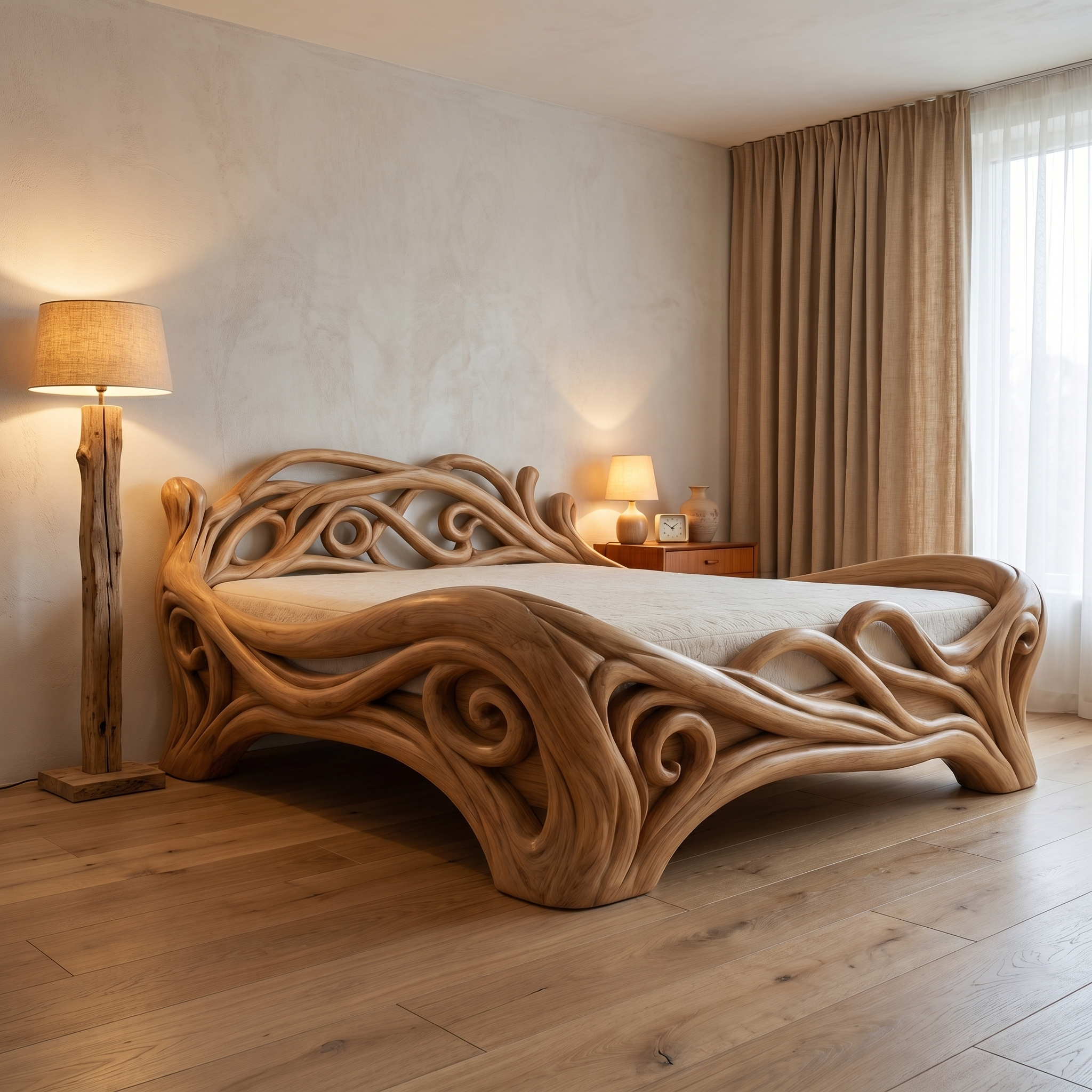 Organic Sculptural Bed Frame With Flowing Root Inspired Wood Design For Bedroom SINLHAWB121