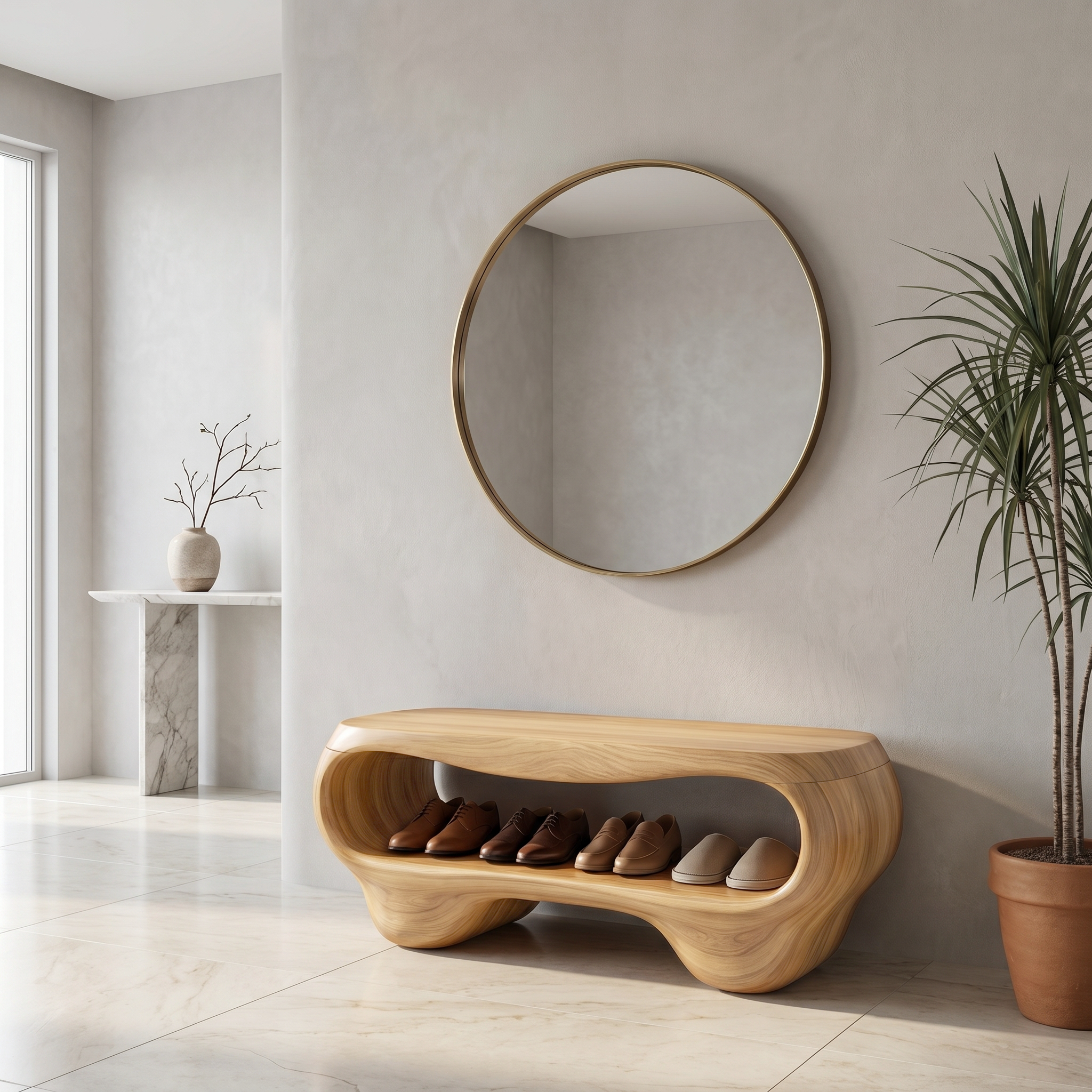 Organic Shoe Bench With Rounded Storage Shelves For Entryway SINLHASB094