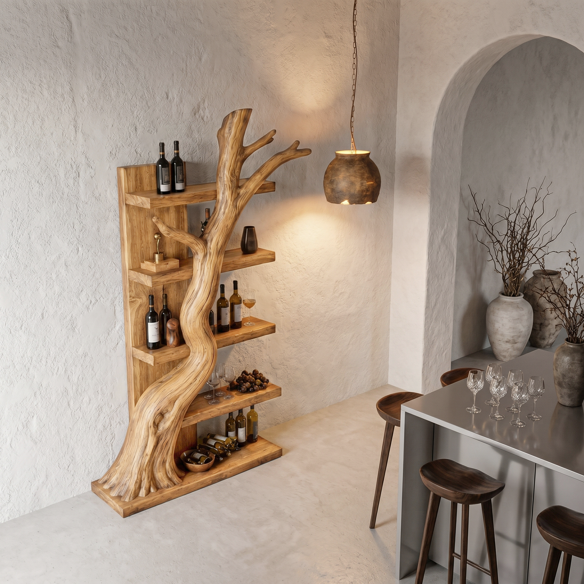 Rustic Tree Wine Rack With Solid Wood Shelves And Sculptural Root Base For Home Bar SINLHAWR035