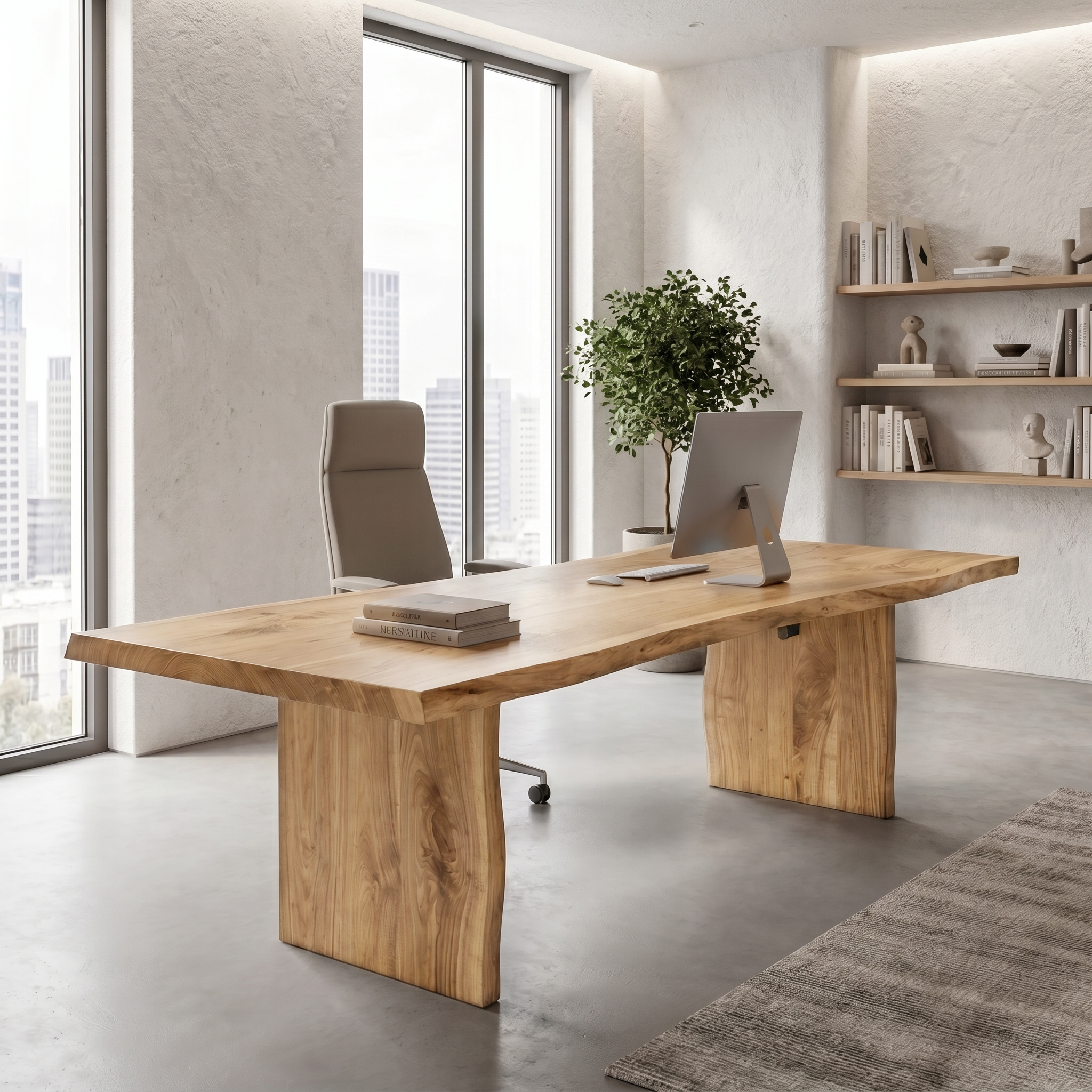 Rustic Live Edge Wooden Desk With Solid Wood Pedestal Base For Home Office SINLHADK119