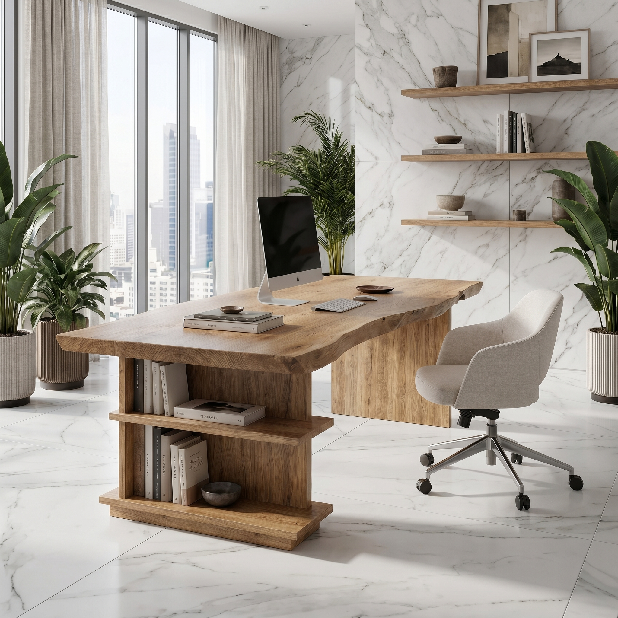 Rustic Executive Desk With Built In Bookshelf And Solid Wood Design For Home Office SINLHADK120