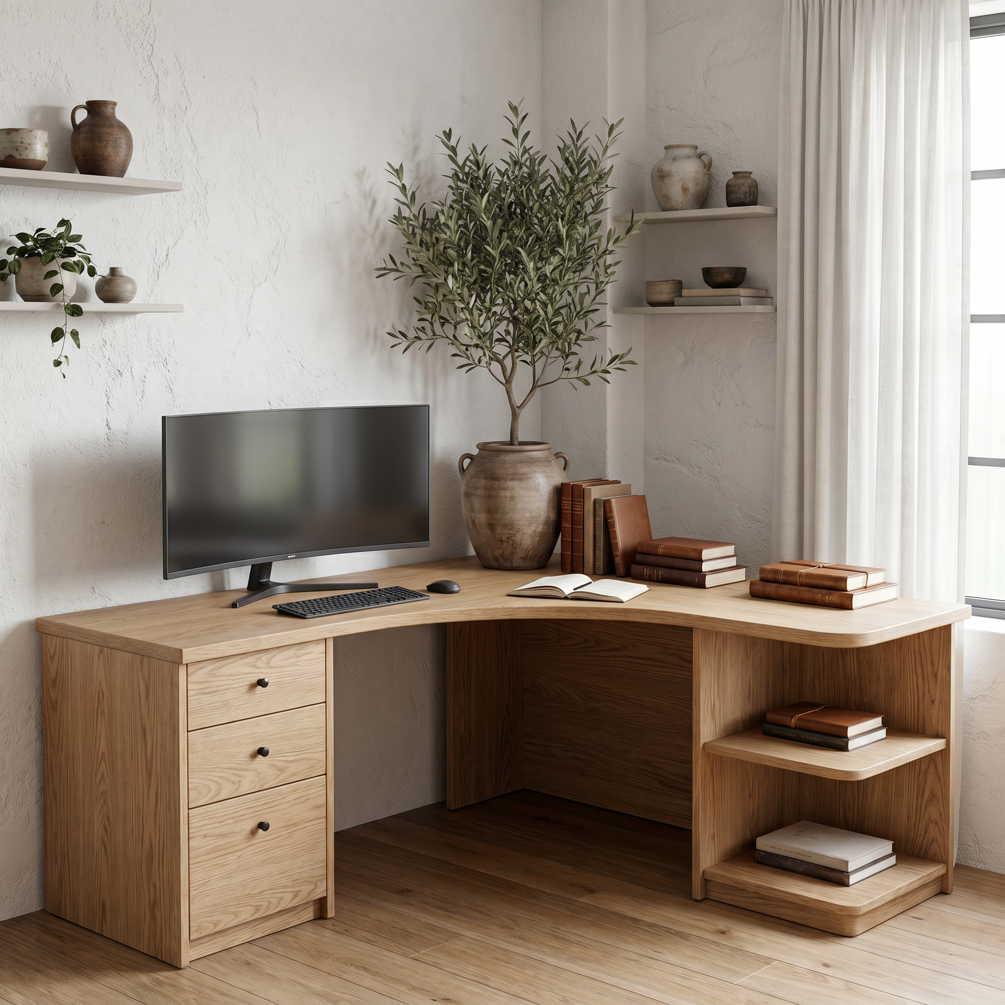 Modern Corner Desk With Built In Drawer Storage And Open Shelves For Home Office And Workspace SINLHADK123