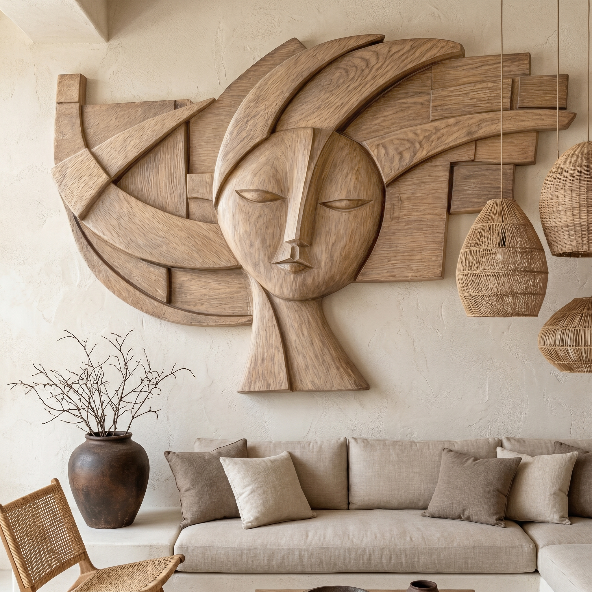 Abstract Tribal Face Wooden Wall Decor For Living Room SINLHAWD073