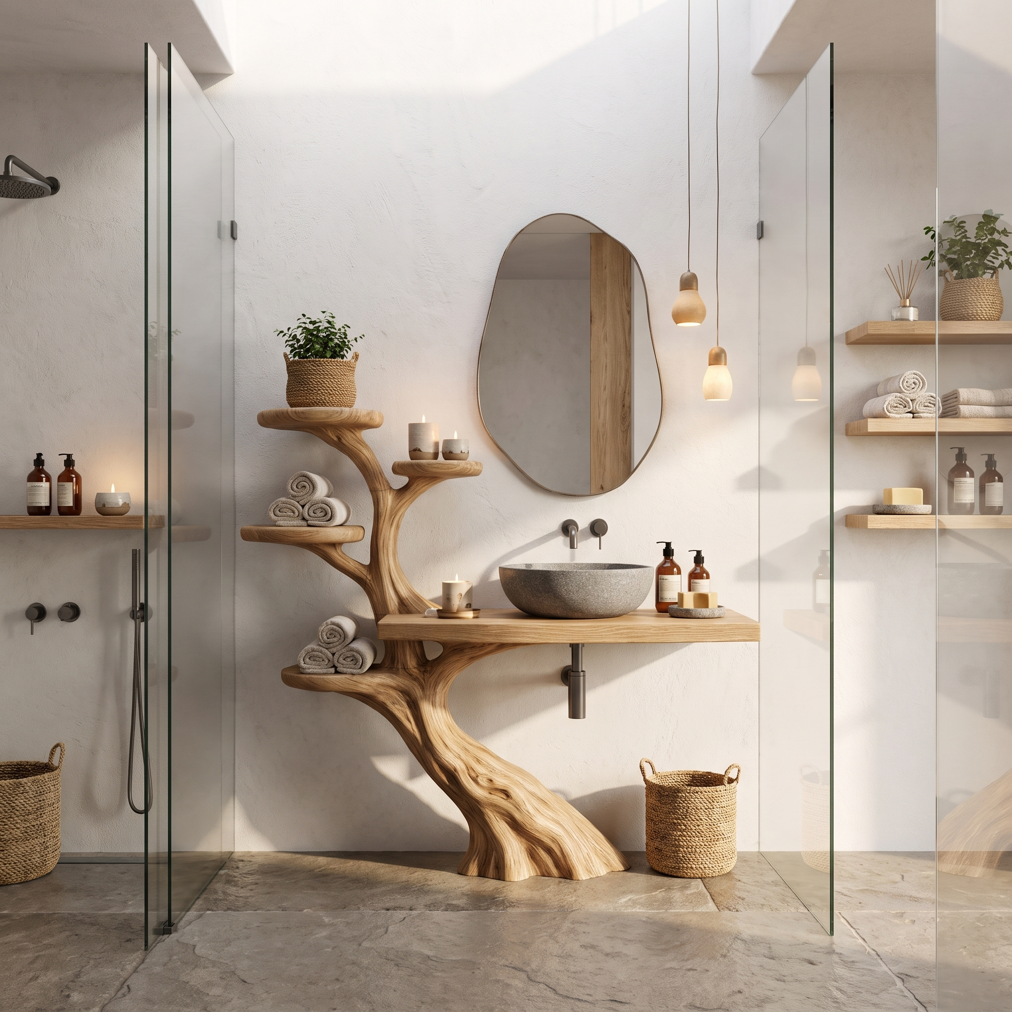 Rustic Bathroom Vanity With Sculptural Wood Structure For Bathroom SINLHABRV321