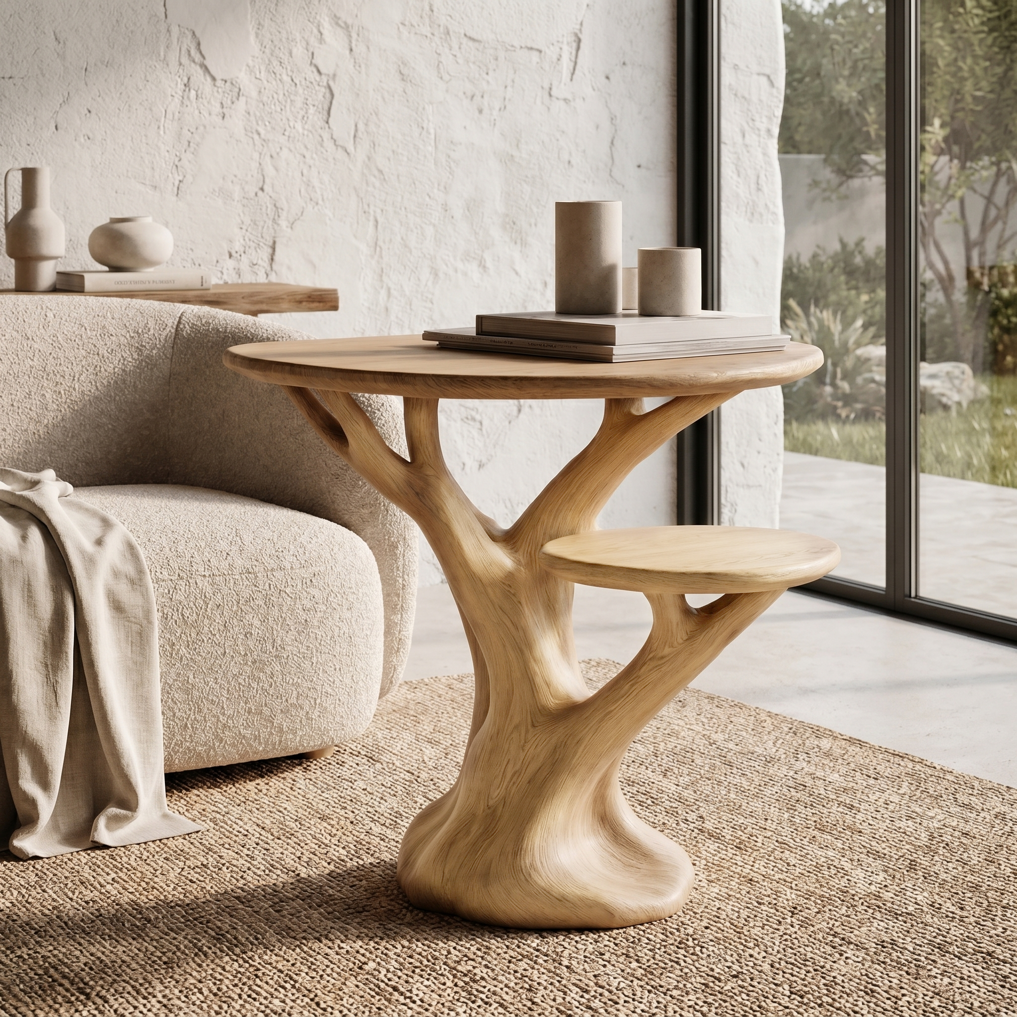 Organic Sculptural Side Table With Tree Inspired Solid Wood Base For Living Room And Bedroom SINLHABT247