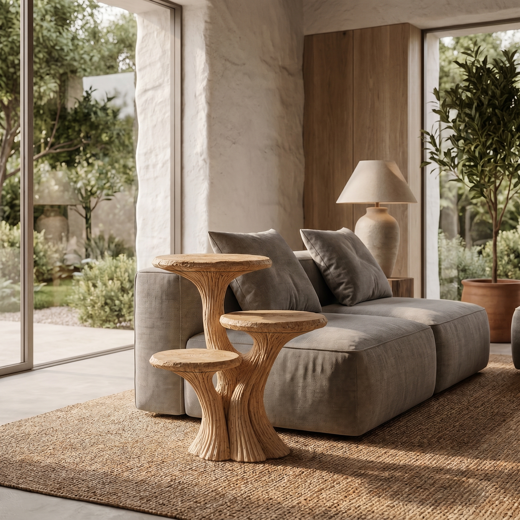 Contemporary Tiered Side Table With Sculptural Solid Wood Design For Living Room And Bedroom SINLHABT249