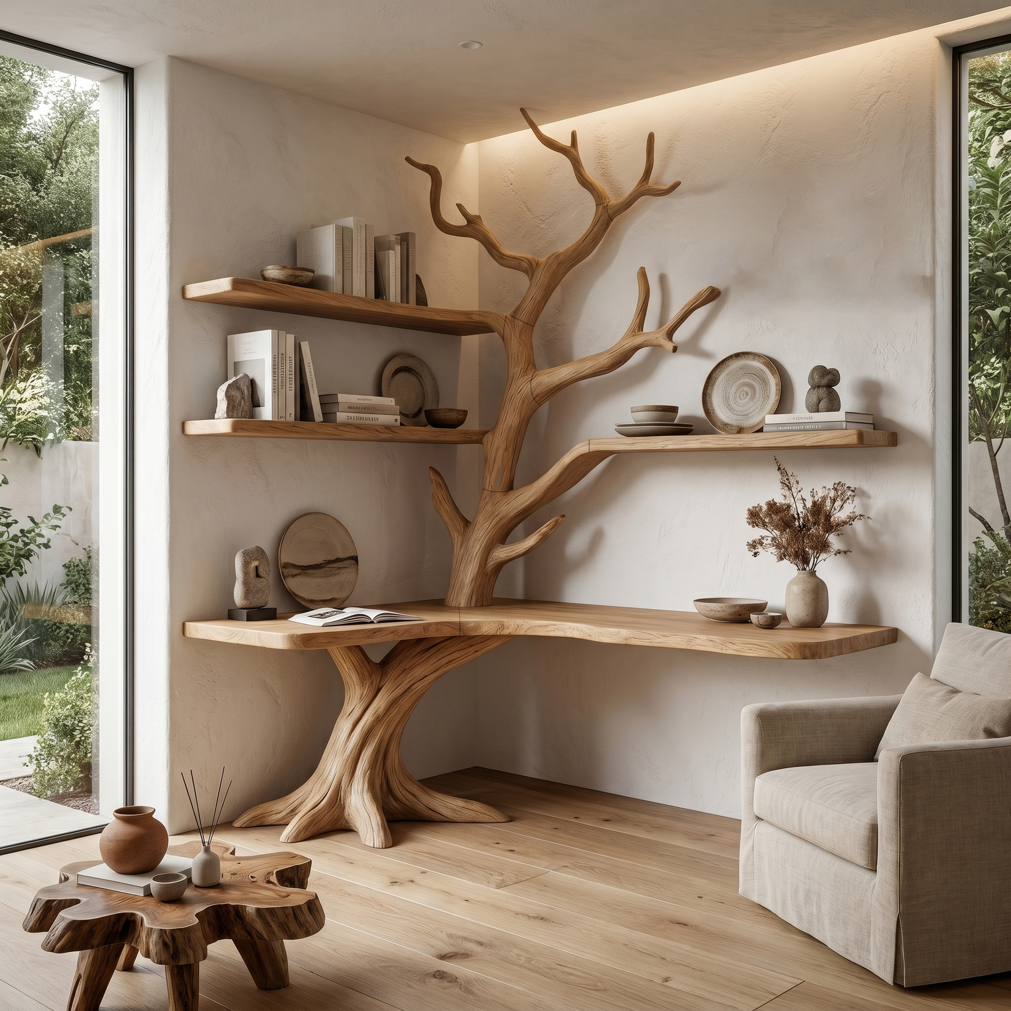 Organic Corner Desk With Sculptural Tree Branch Shelving For Home Office And Workspace SINLHADK130