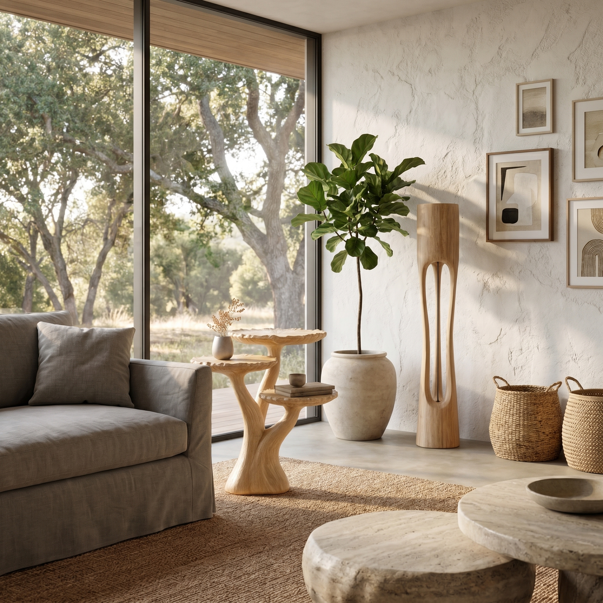 Organic Sculptural Side Table With Multi Tier Solid Wood Shelves For Living Room And Bedroom SINLHABT251