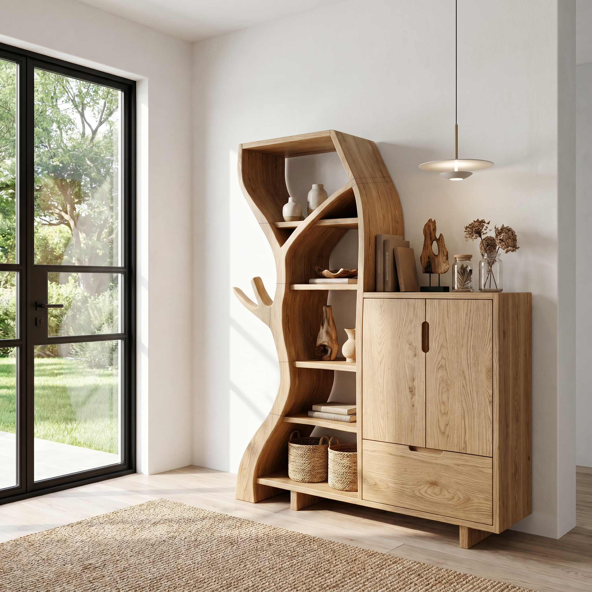 Rustic Storage Cabinet With Tree Bookshelf And Display Shelves For Entryway SINLHASC536