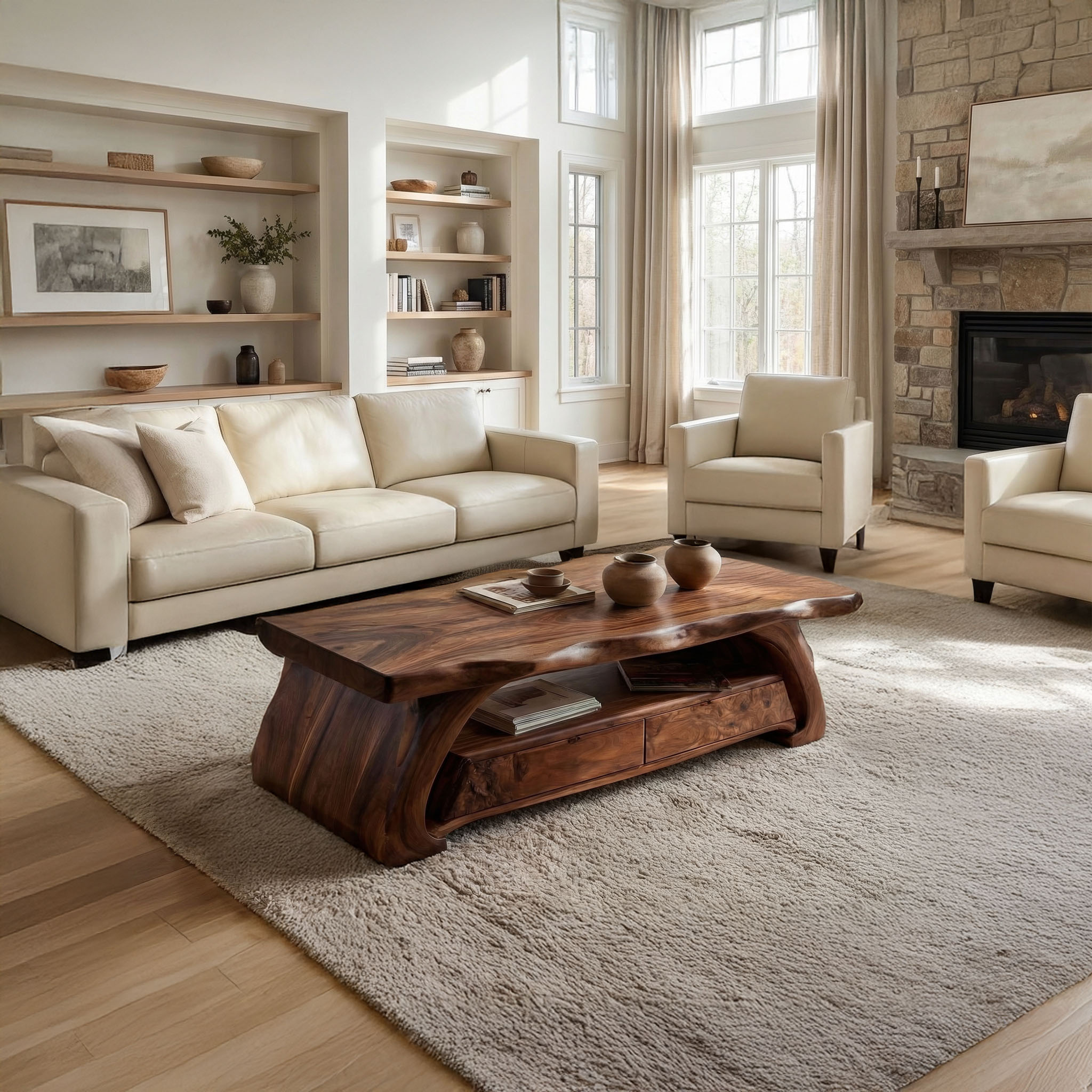 Rustic Solid Wood Coffee Table Natural Sculptural Base Living Room SINLSACF325
