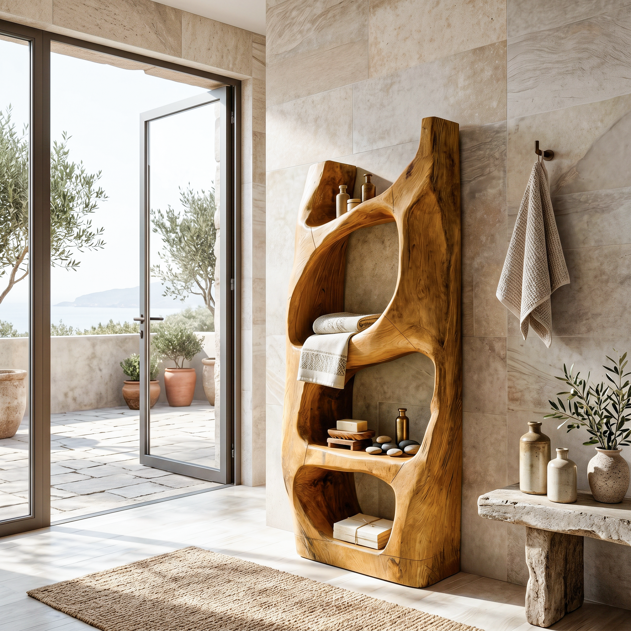 Handcrafted Sculptural Bathroom Shelf For Towels Or Spa Storage SITHTTBAS002