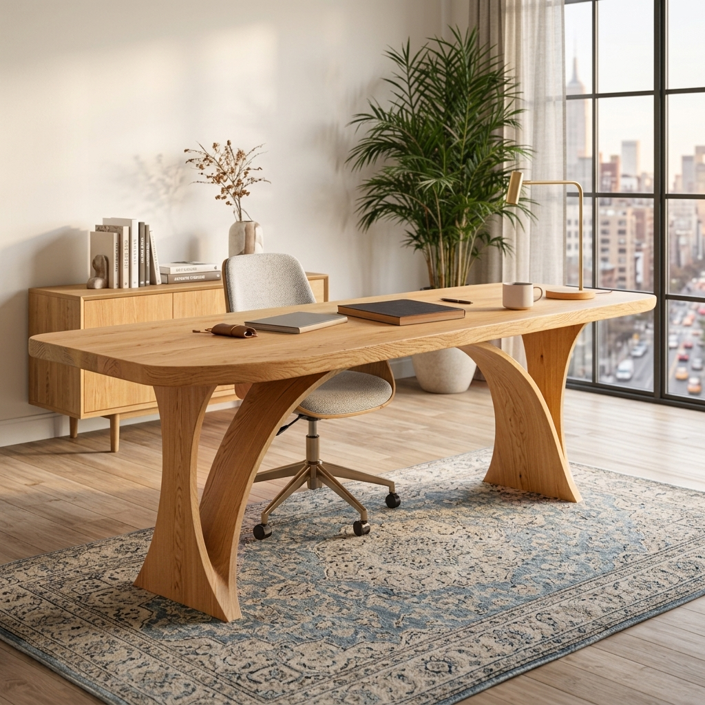 Handmade Wooden Desk With Unique Curved Base For Workspace RTTHTTDE076