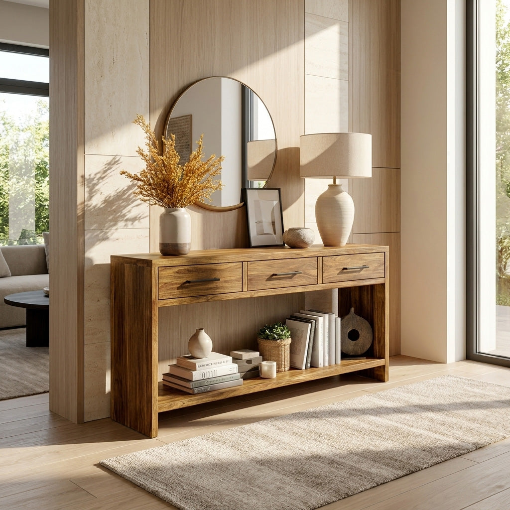 Handcrafted Wooden Console Table With Drawers For Living Room RTTHHNCS026