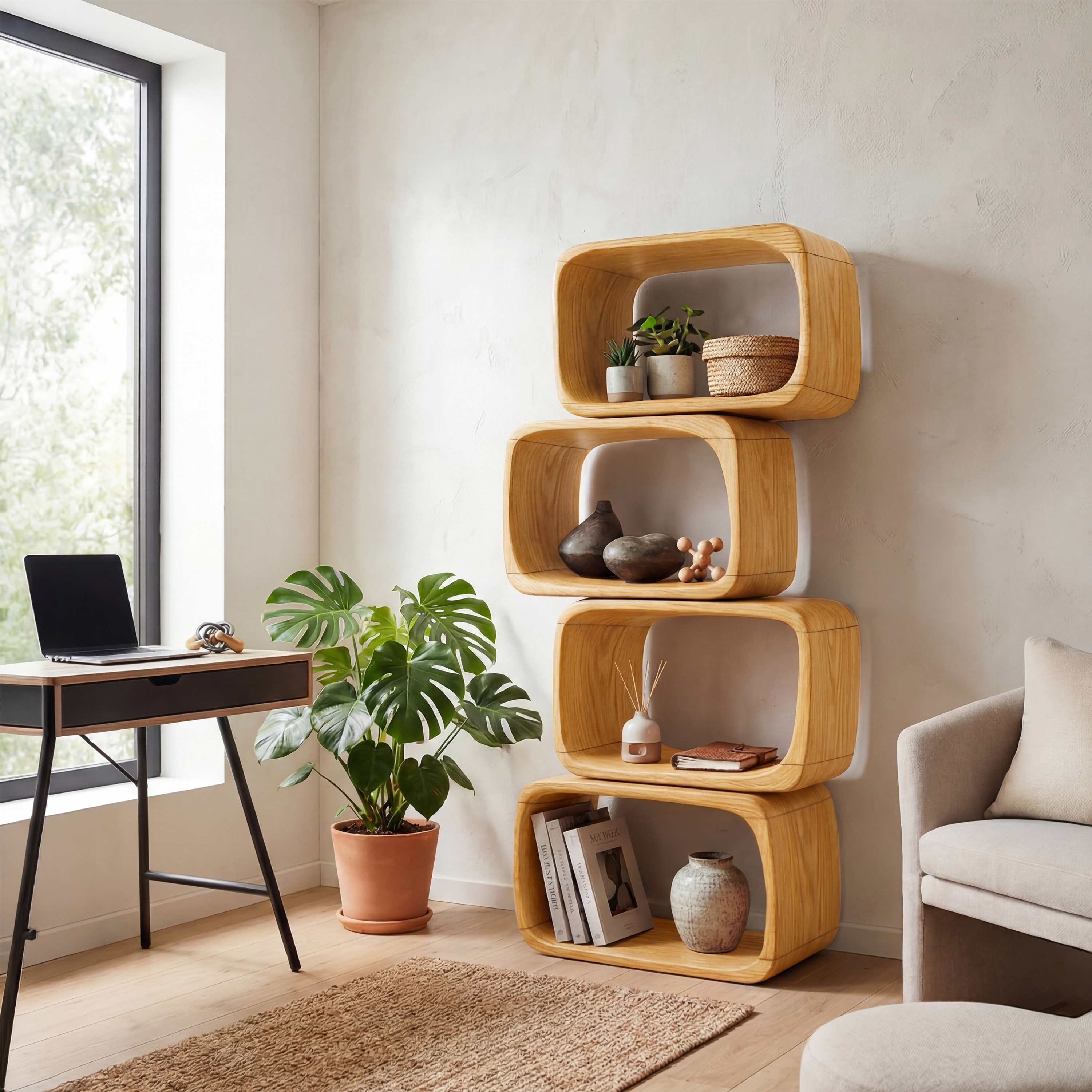 Japandi Asymmetrical Bookshelf Bathroom Storage Shelf SILDTTRBS005