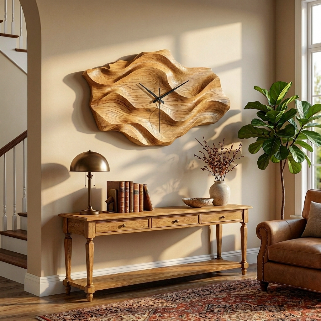 Artistic Wooden Wall Clock Wavy Design For Living Interior RTTHTTWAC012