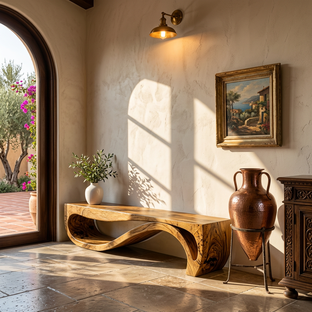 Sculptural Bench With Wave Design For Entryway SITHTTCHR048