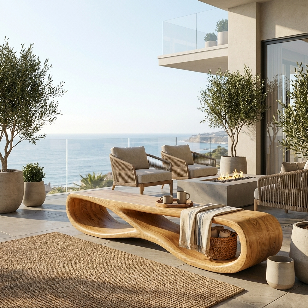 Organic Wooden Bench With Curved Base Form For Entryway Space RTTHTTCHR096