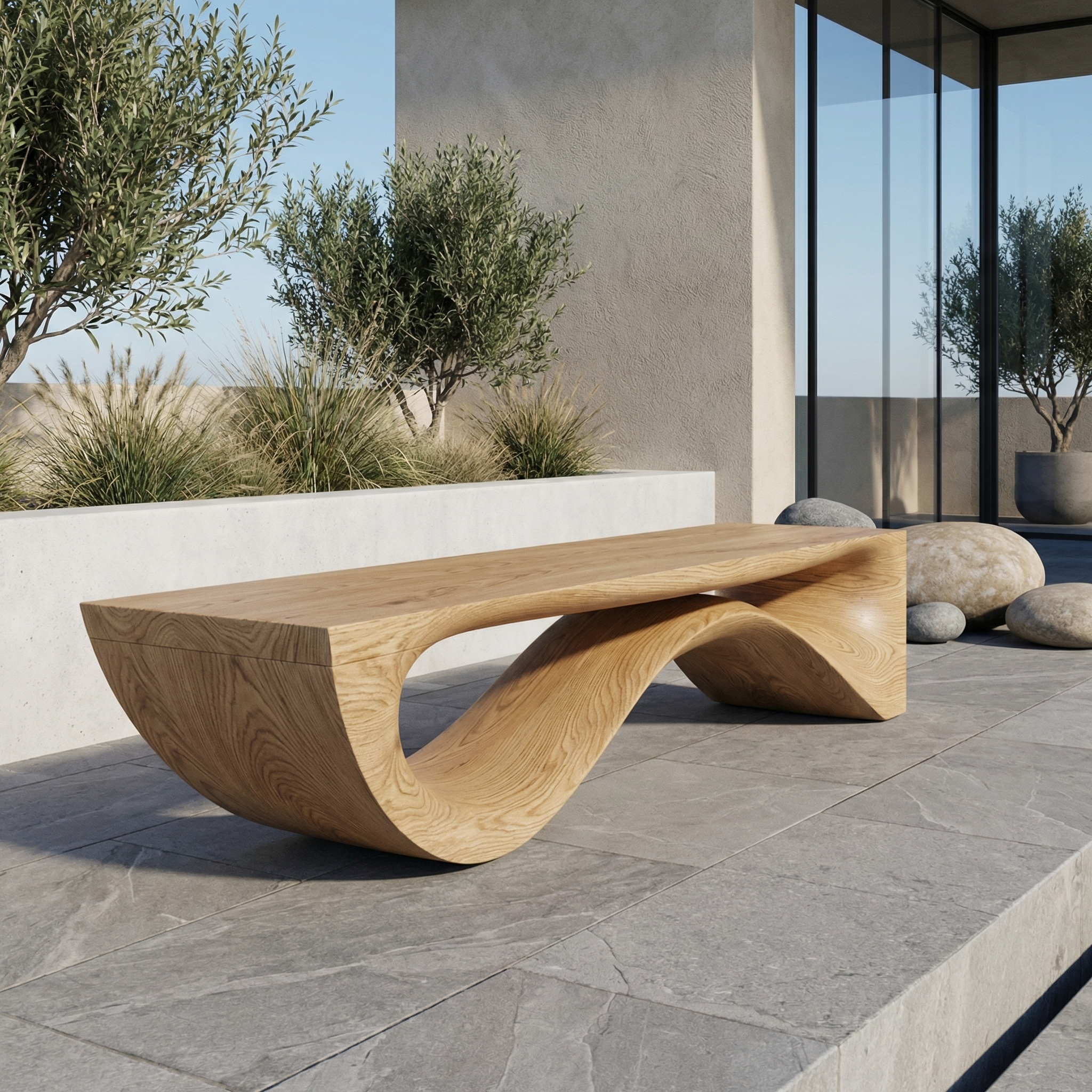 Sculptural Wave Bench Solid Wood Extended Curved Form Entryway SINLHARS095