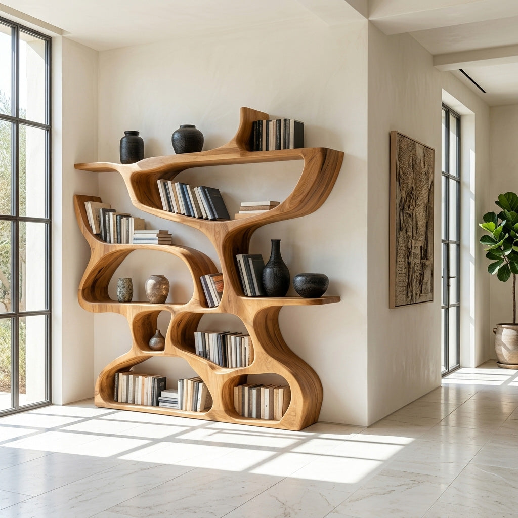 Modern Bookshelf With Organic Carved Design For Living Room Or Office SITHHNBS036