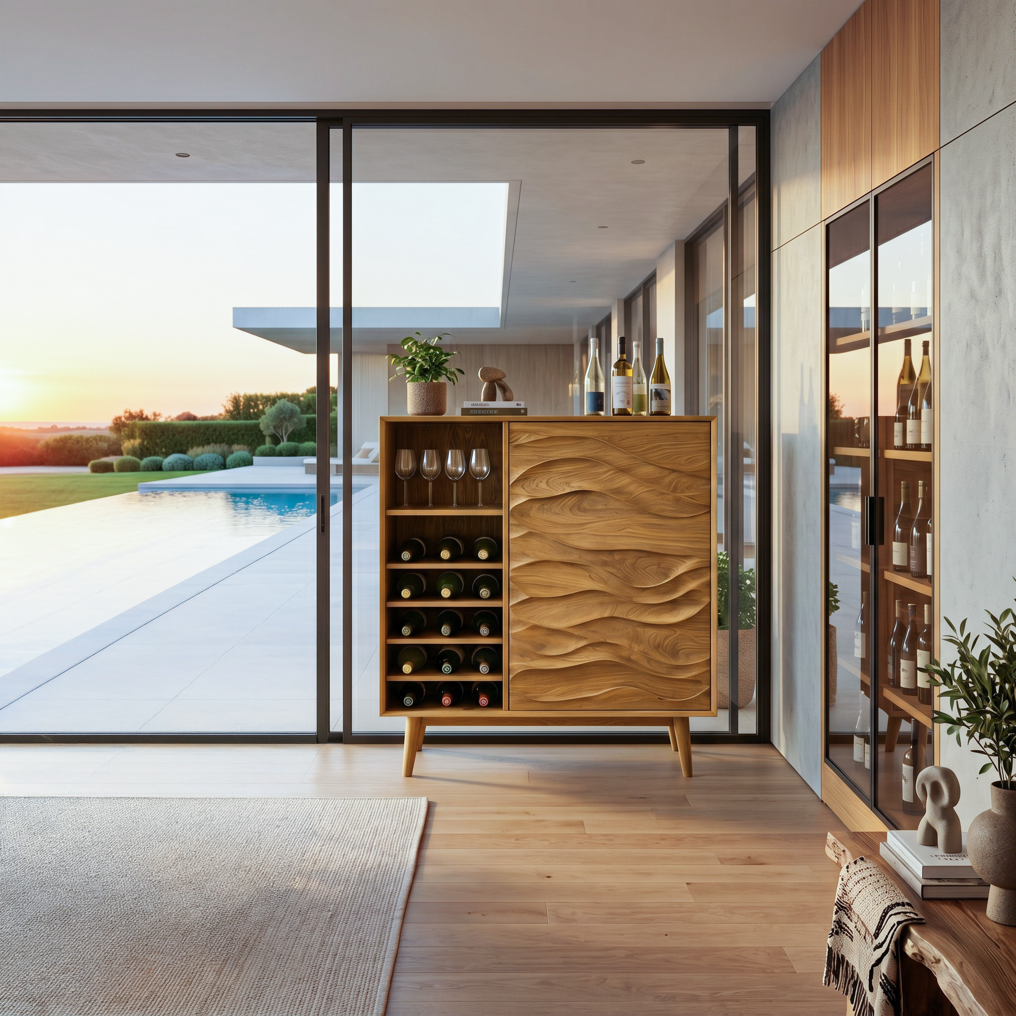Sculptural Wine Cabinet With Wave Carved Doors For Kitchen SITHTTBCA013