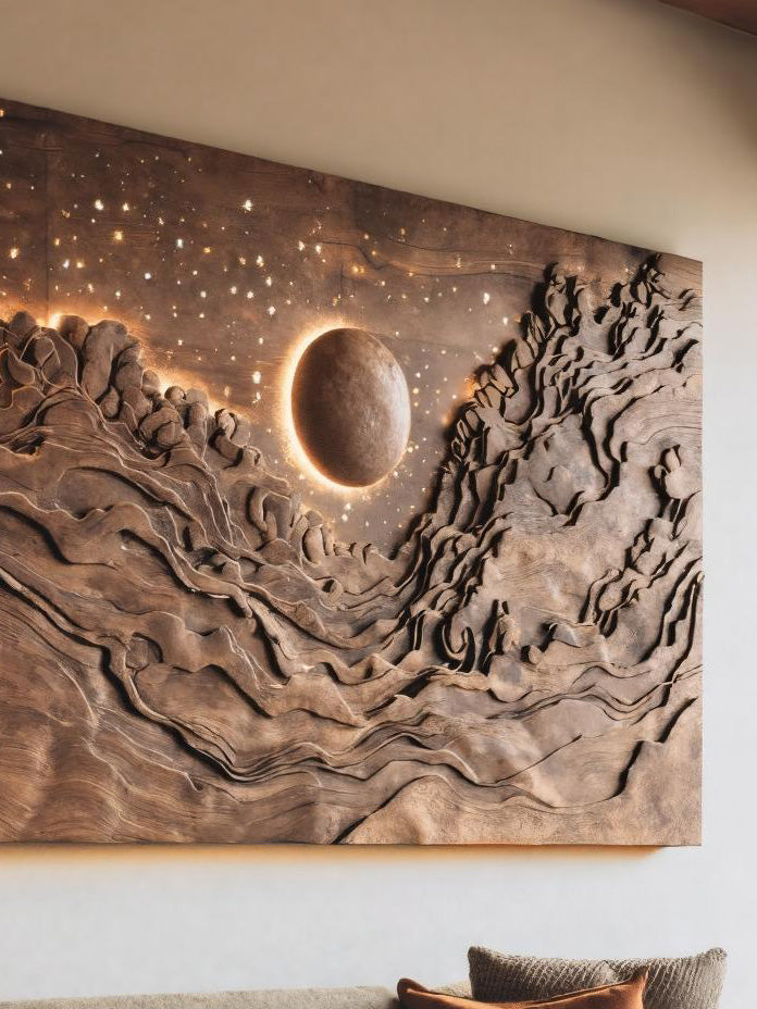 Hand Carved Wall Art With LED Eclipse Design For Living Room SITHHNWA019