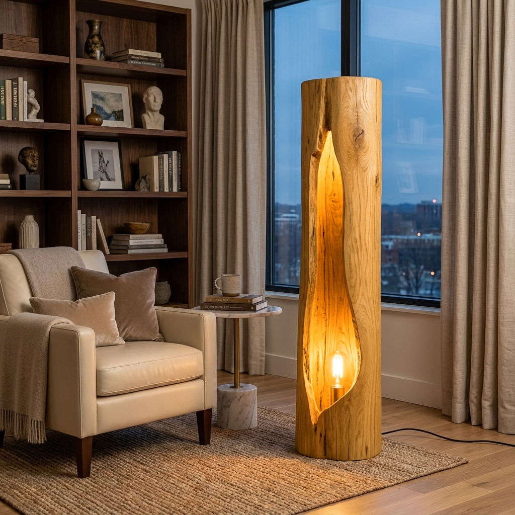 Rustic Wooden Floor Lamp Sculptural Design For Cozy Bedroom RTTHTTLAM047