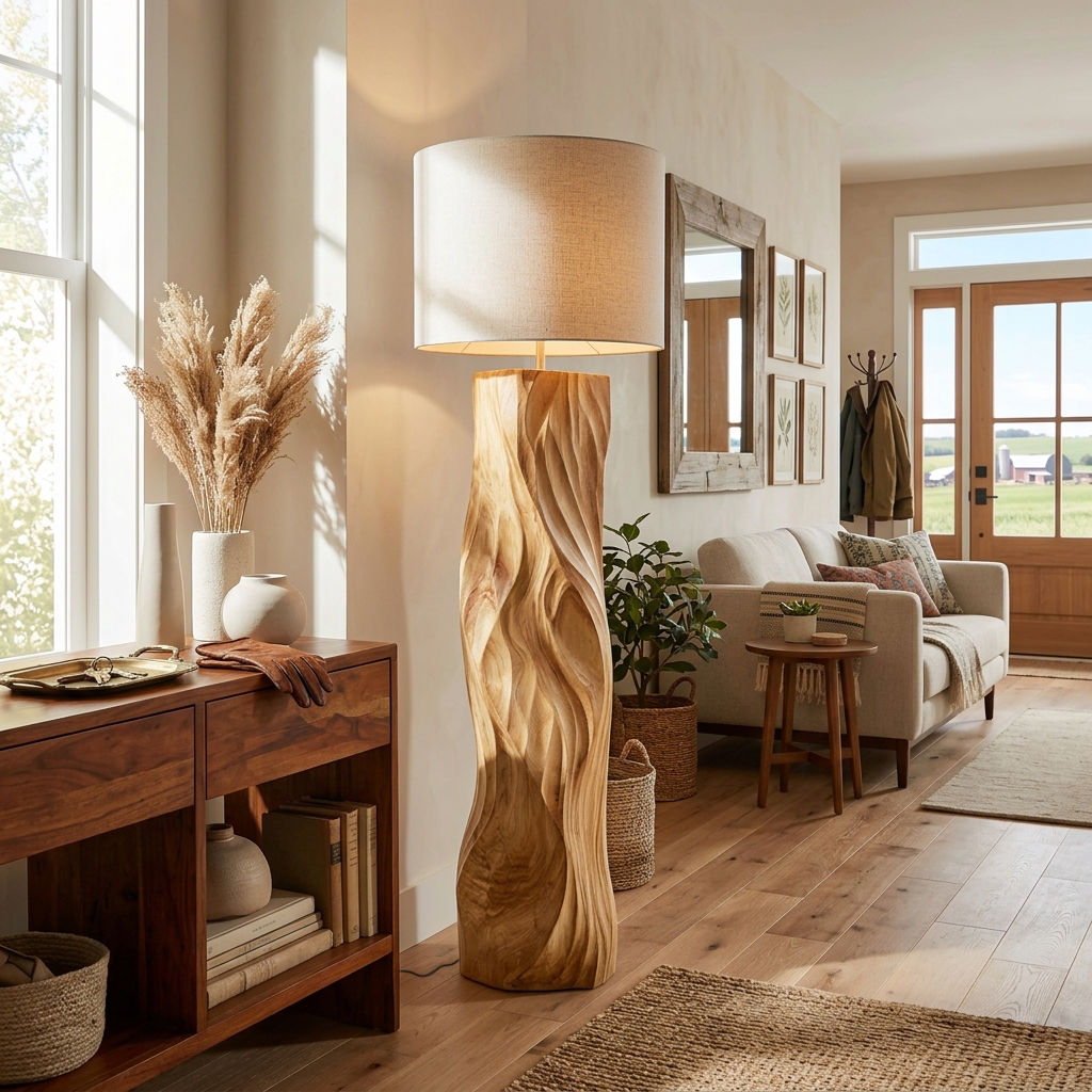 Contemporary Wood Floor Lamp Sculptural Design For Home Lobby RTTHTTLAM046