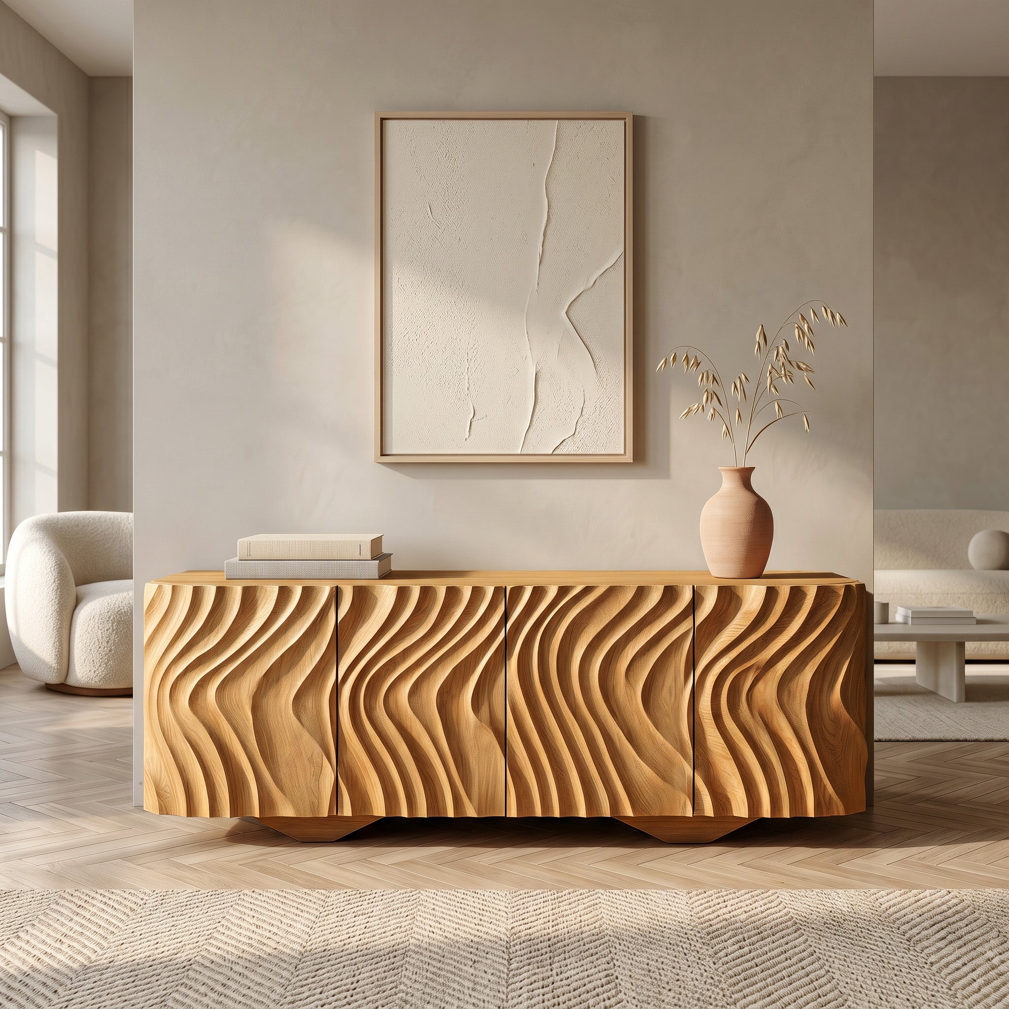 Farmhouse Wooden Sideboard With Carved Wave Doors For Living Storage RTTHHNSD041